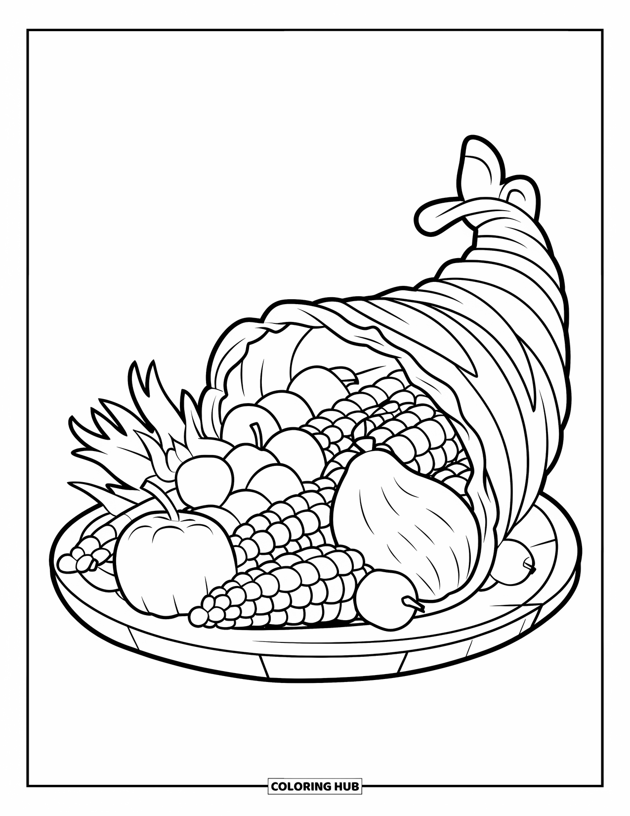 Thanksgiving Food Coloring Page for Kids: Preschool-friendly cornucopia filled with fruits and large, easy-to-color shapes