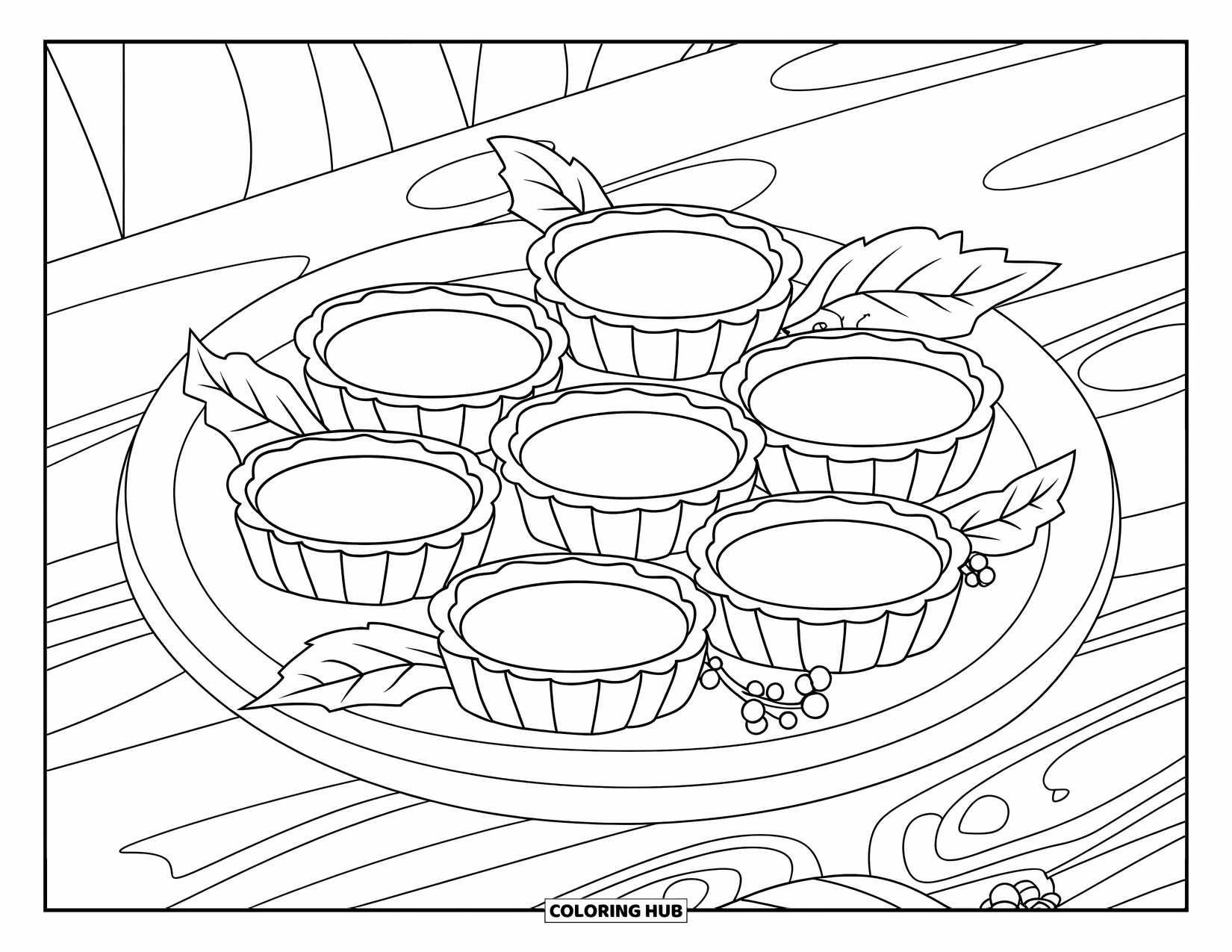 Thanksgiving Food Coloring Page for Kids: Pumpkin tarts rest on a rustic plate with leaves and berries