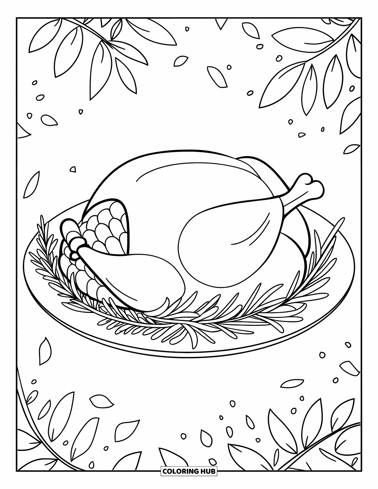 Thanksgiving Food Coloring Page for Kids: Sprigs of herbs frame a roasted turkey with a few scattered leaves