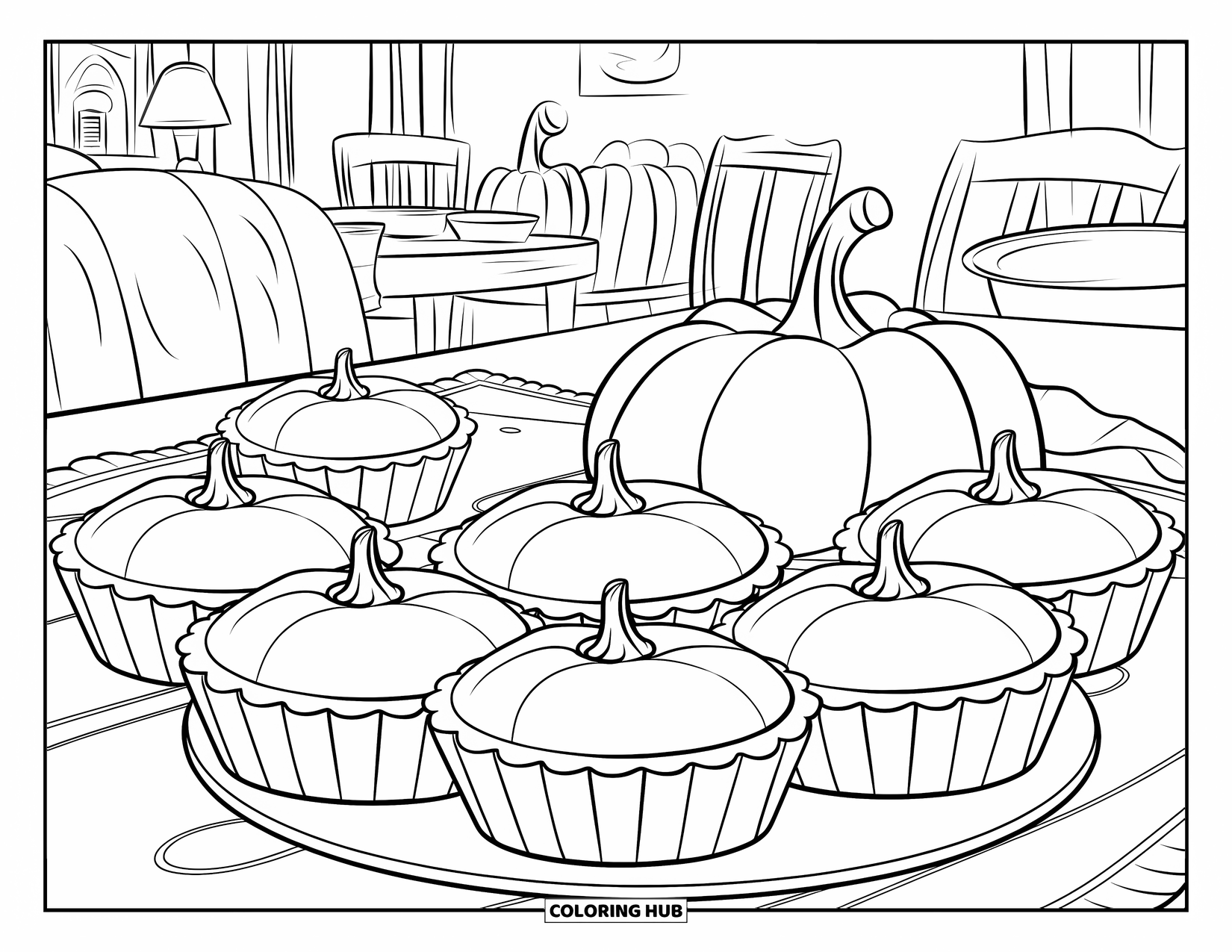 Thanksgiving Food Coloring Page for Kids: Tarts are set on a table with chairs and a cozy lamp behind them