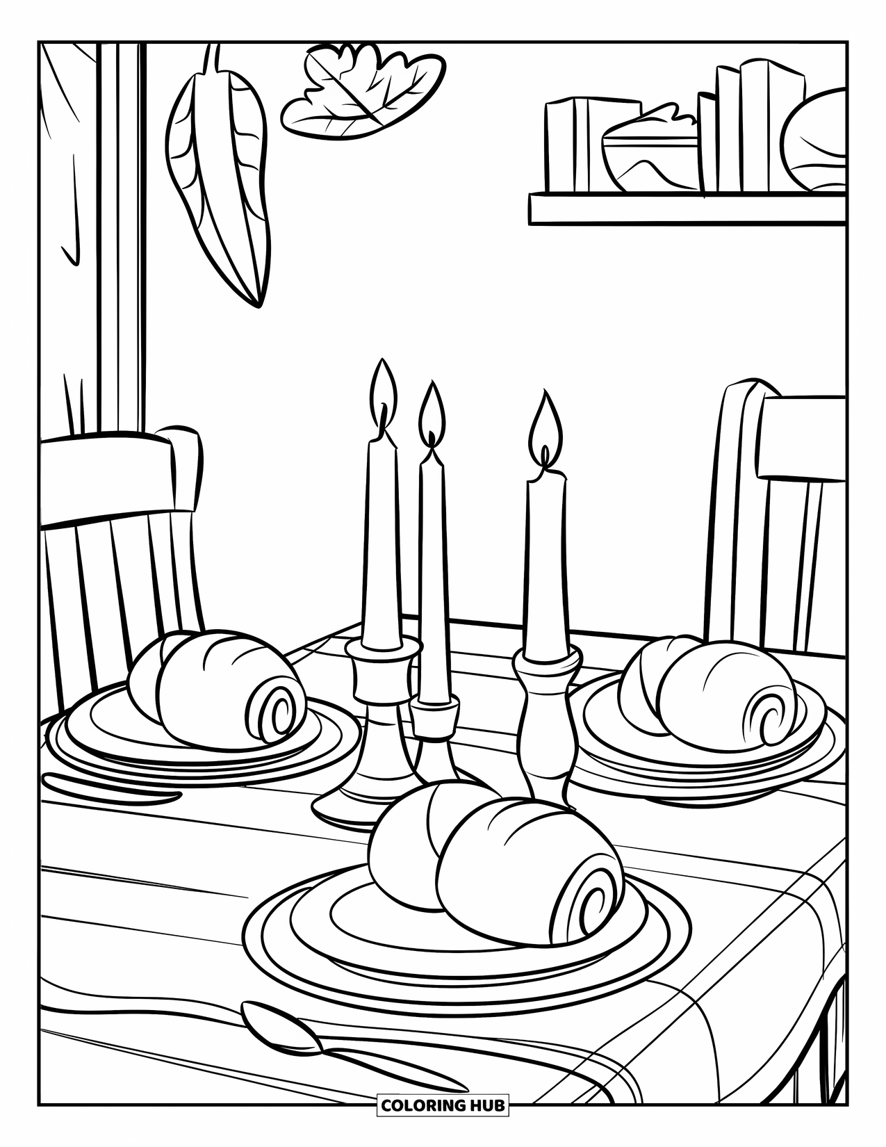 Thanksgiving Food Coloring Page for Kids: Three plates of rolls sit on a wooden table with a single candle in the center