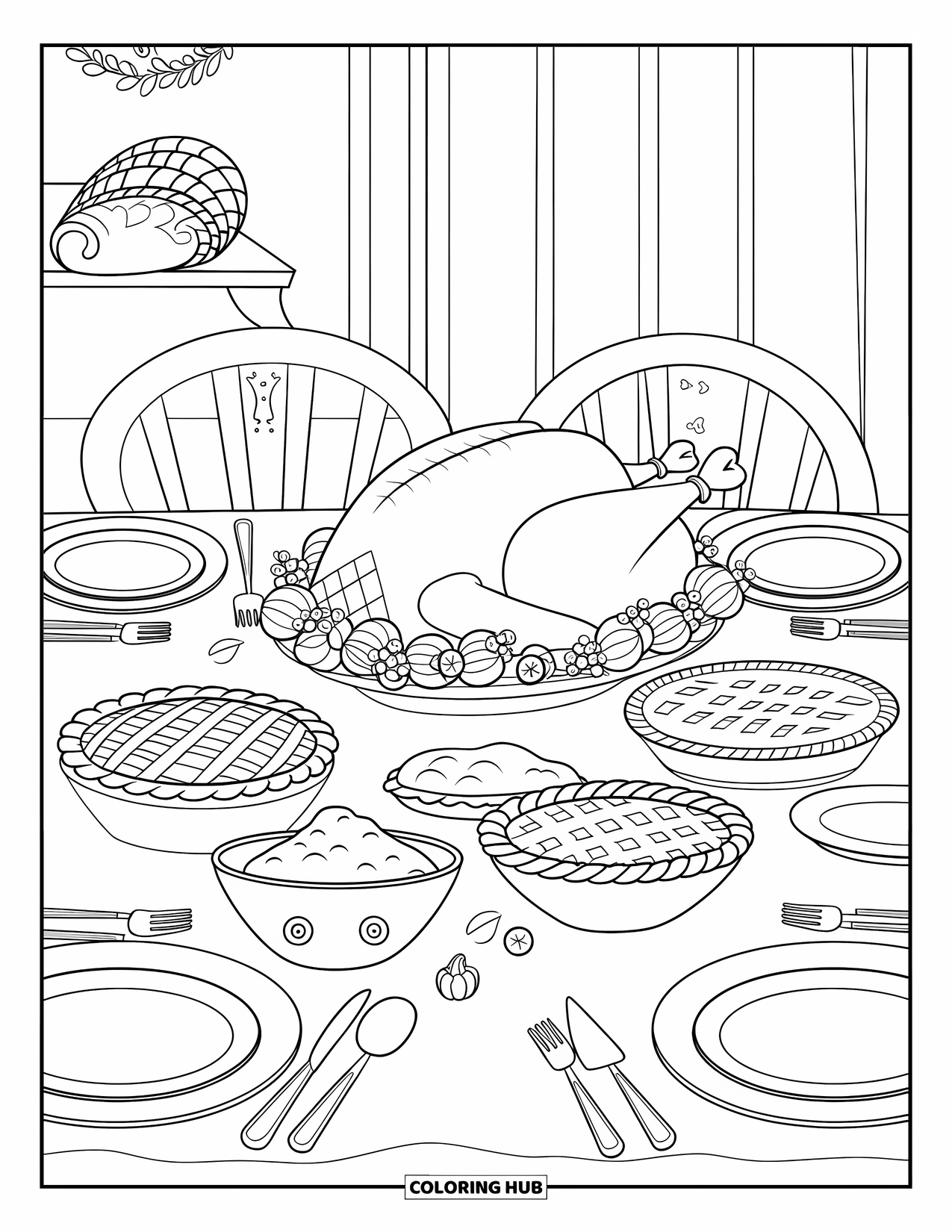 Thanksgiving Food Coloring Page for Kids: Turkey and pies fill a festive table with a wreath and cornucopia nearby