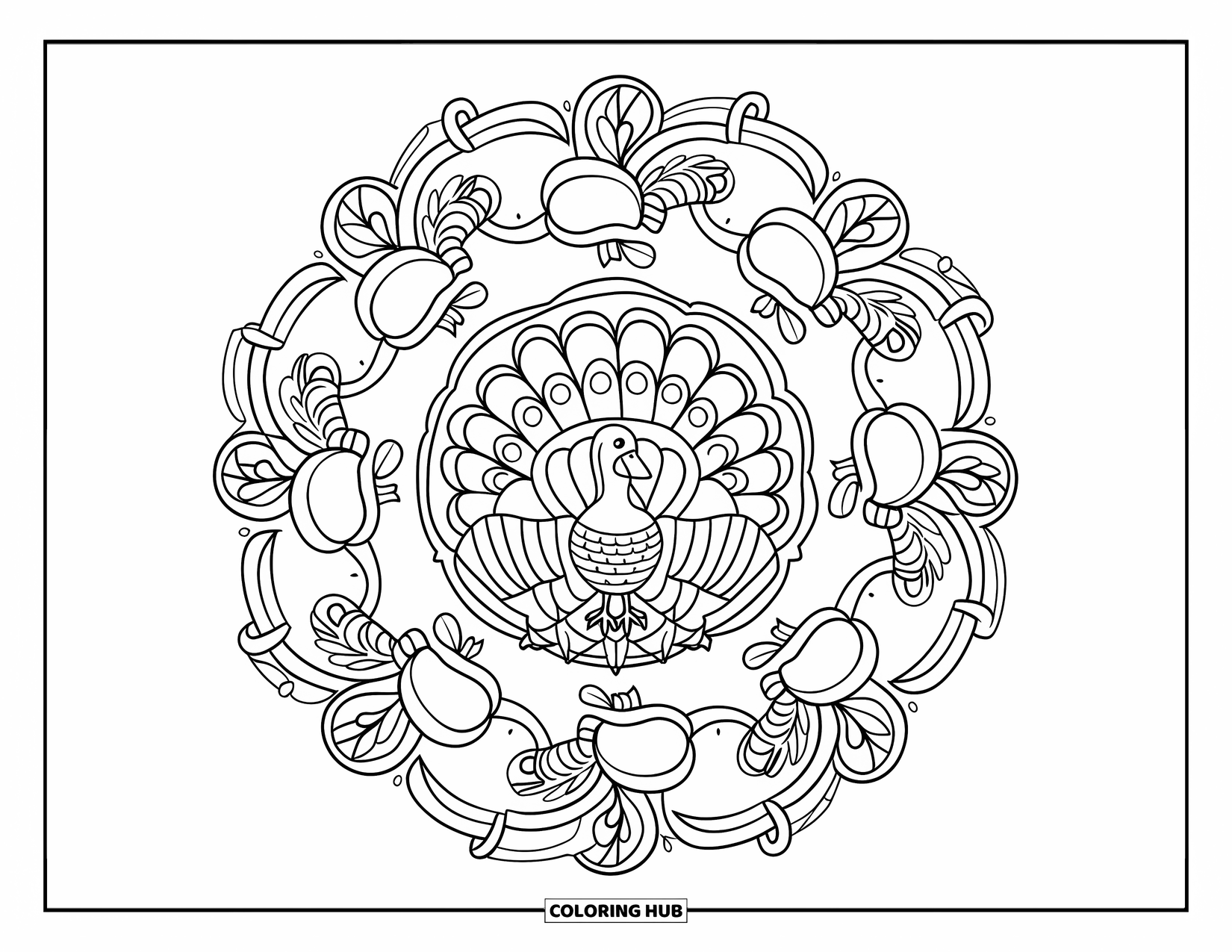 Thanksgiving Turkey Coloring Page for Adults: A central turkey is framed by curling vines, squash, and acorns in a leafy circle