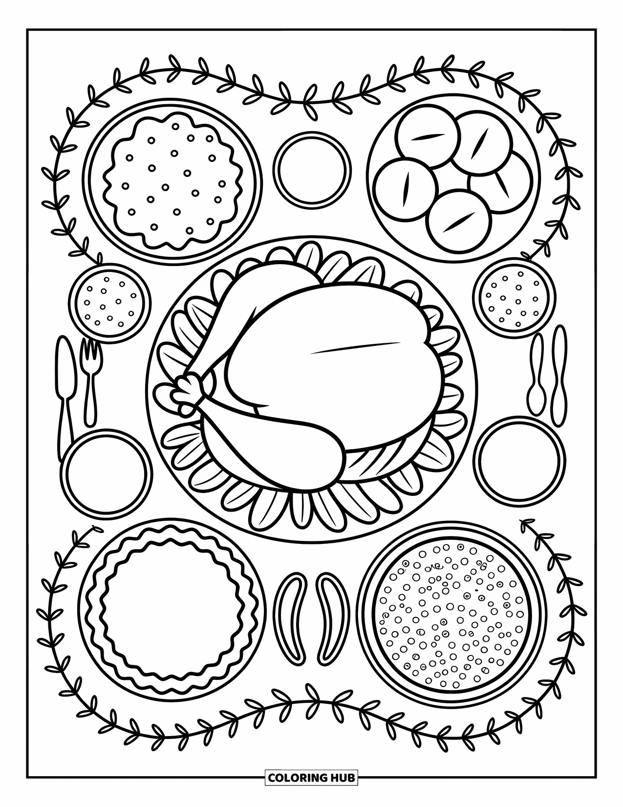 Thanksgiving Turkey Coloring Page for Adults: A cheerful overhead feast shows turkey, sides, and pie surrounded by a fall garland