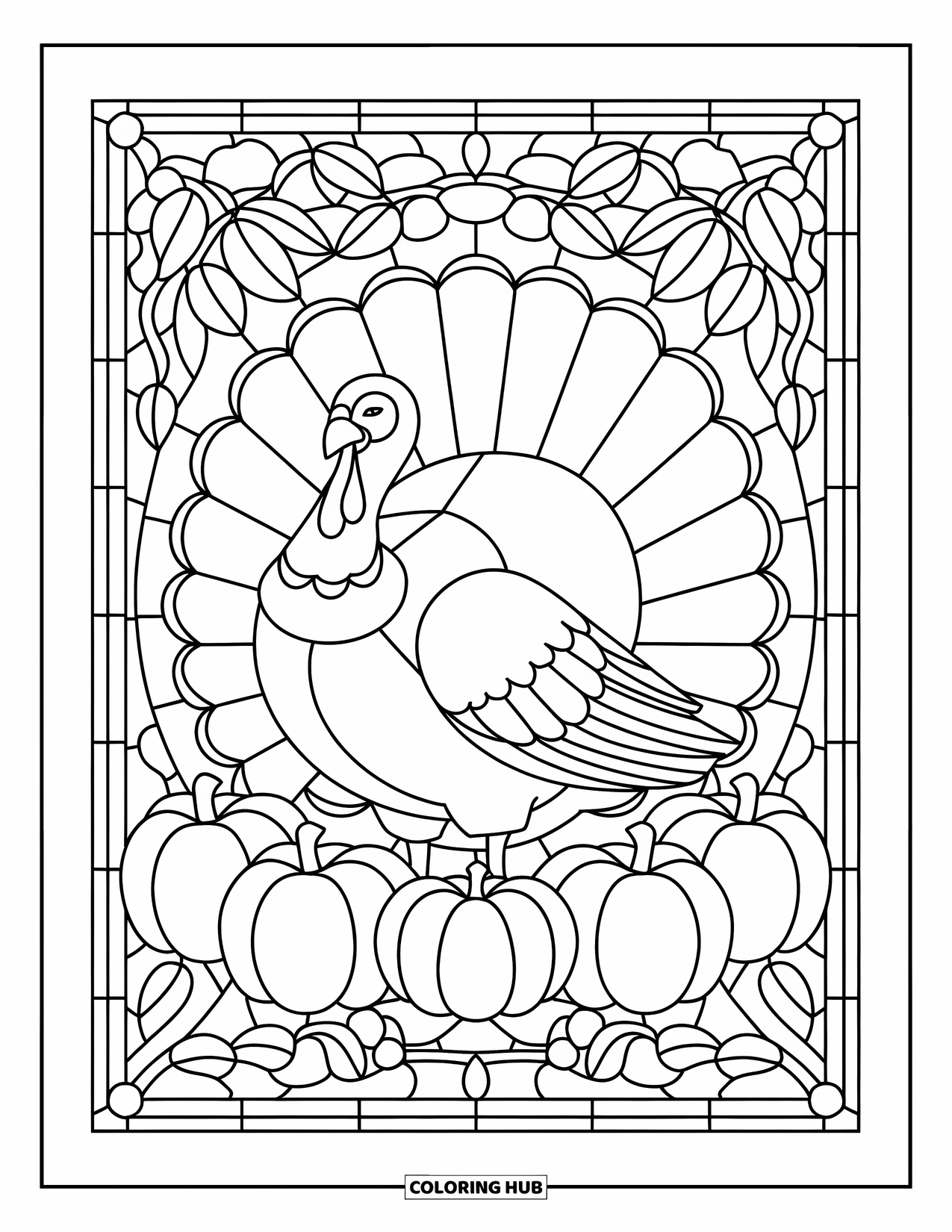 Thanksgiving Turkey Coloring Page for Adults: A cozy fall turkey is framed by stained glass pumpkins, apples, and leafy swirls