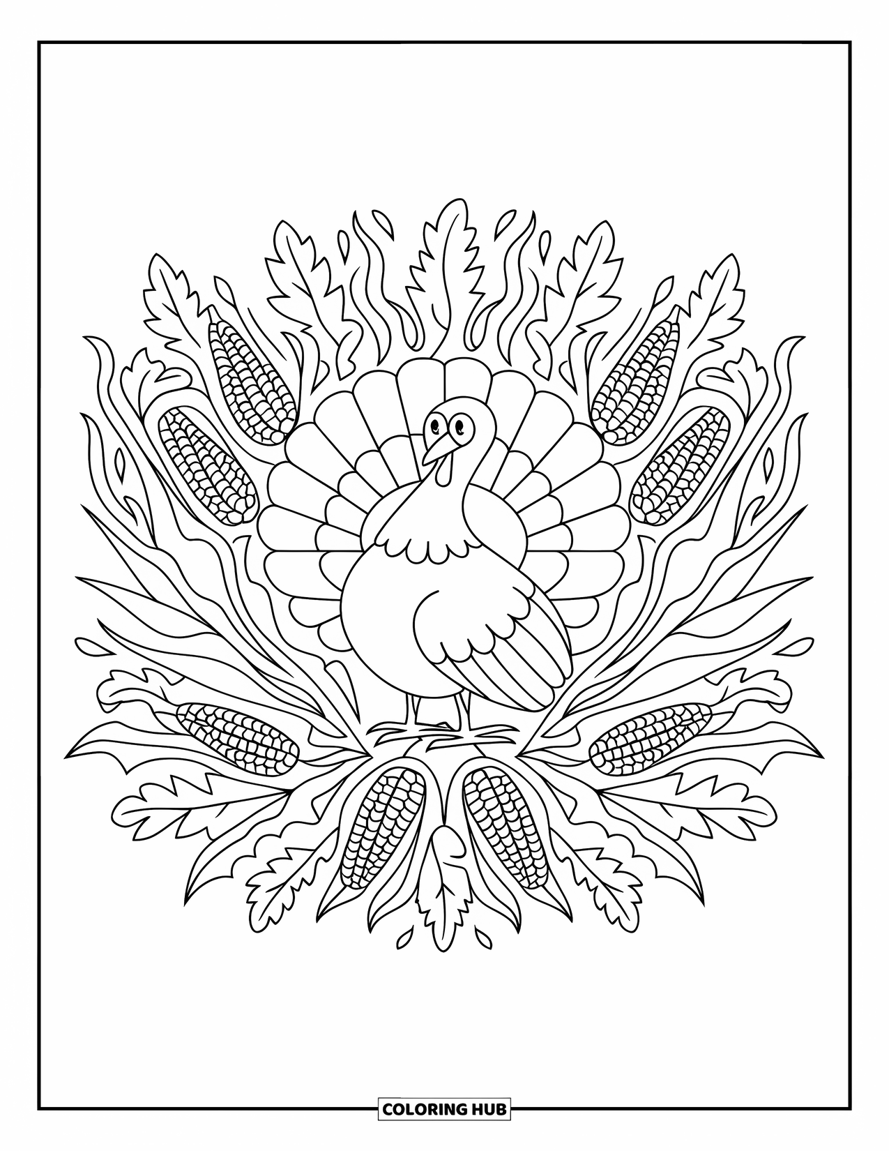 Thanksgiving Turkey Coloring Page for Adults: A cozy floral mandala surrounds a turkey with oak leaves, corn husks, and twirling vines