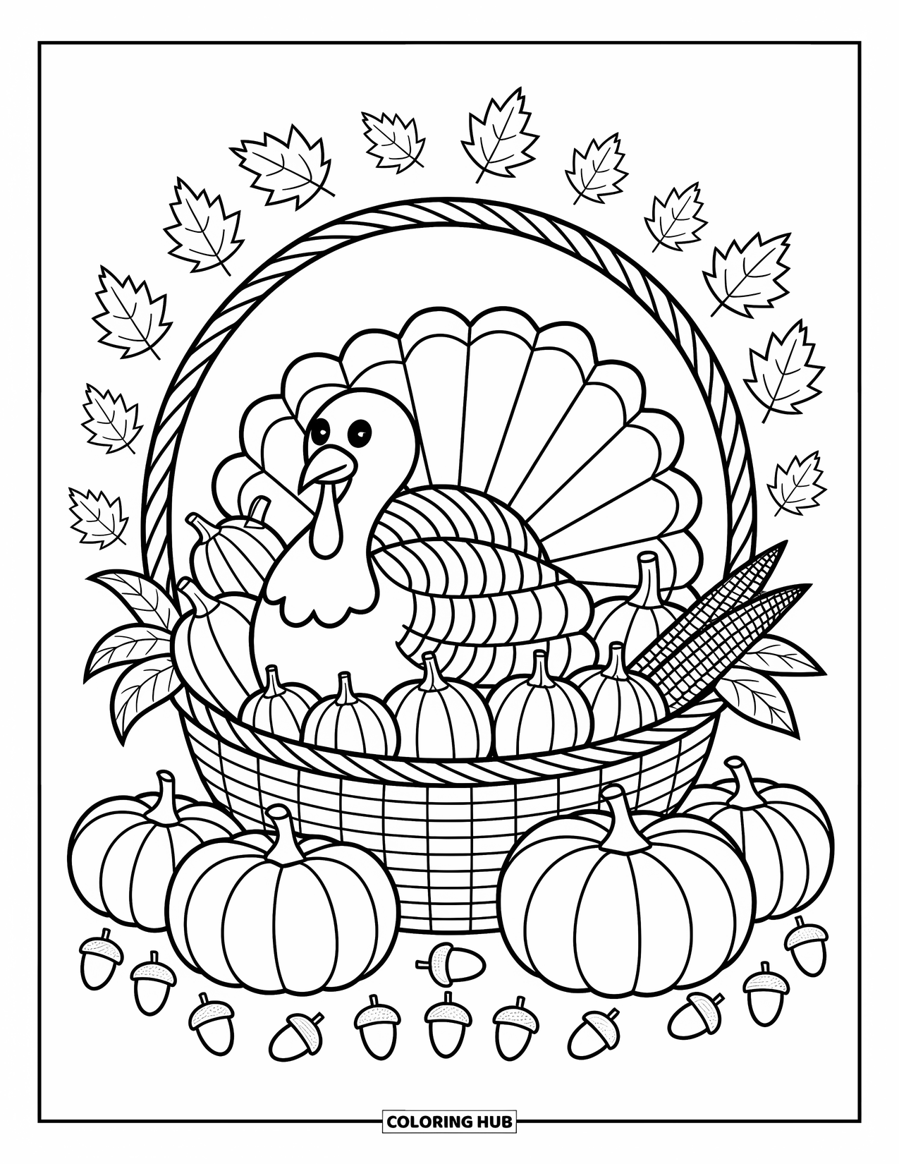Thanksgiving Turkey Coloring Page for Adults: A cozy harvest basket holds a turkey, apples, squash, corn, and scattered fall leaves