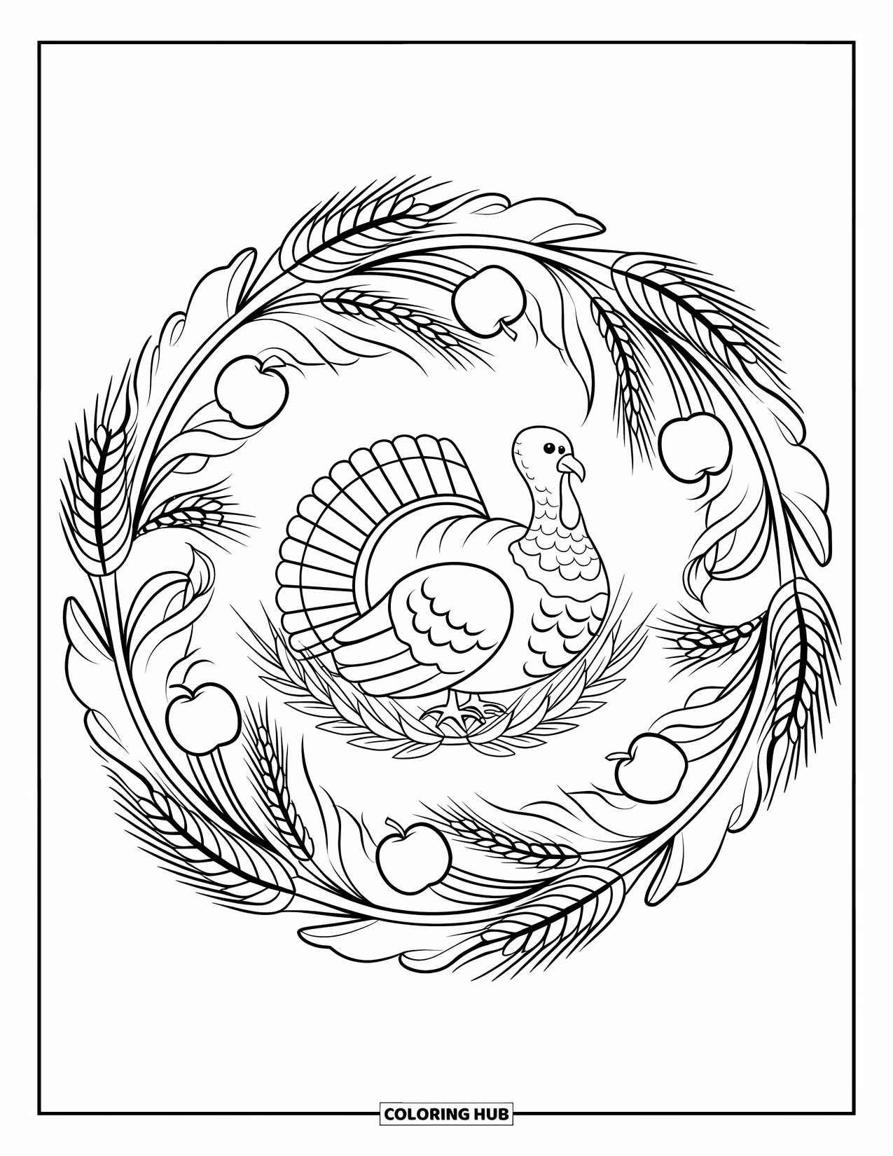 Thanksgiving Turkey Coloring Page for Adults: A cozy mandala with feathers and fruit surrounds a turkey resting on a branch