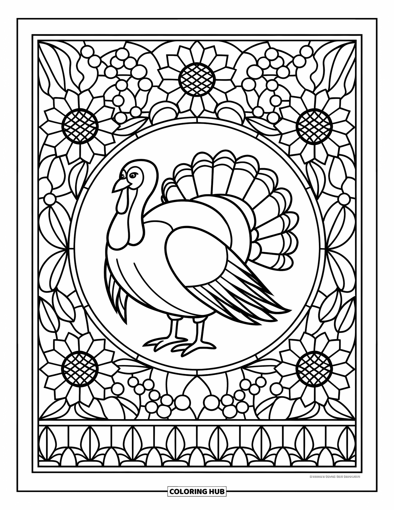 Thanksgiving Turkey Coloring Page for Adults: A cozy stained glass pattern of cranberries and sunflowers surrounds a Thanksgiving turkey