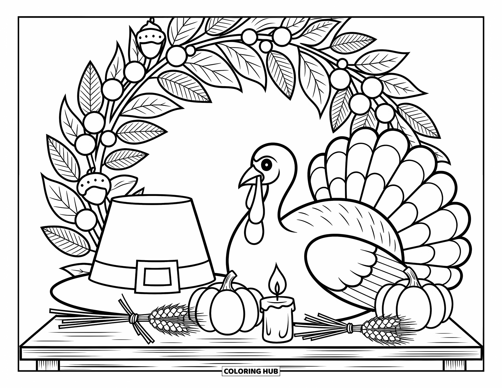 Thanksgiving Turkey Coloring Page for Adults: A cozy tabletop features a proud turkey, candles, pumpkins, and bundles of wheat