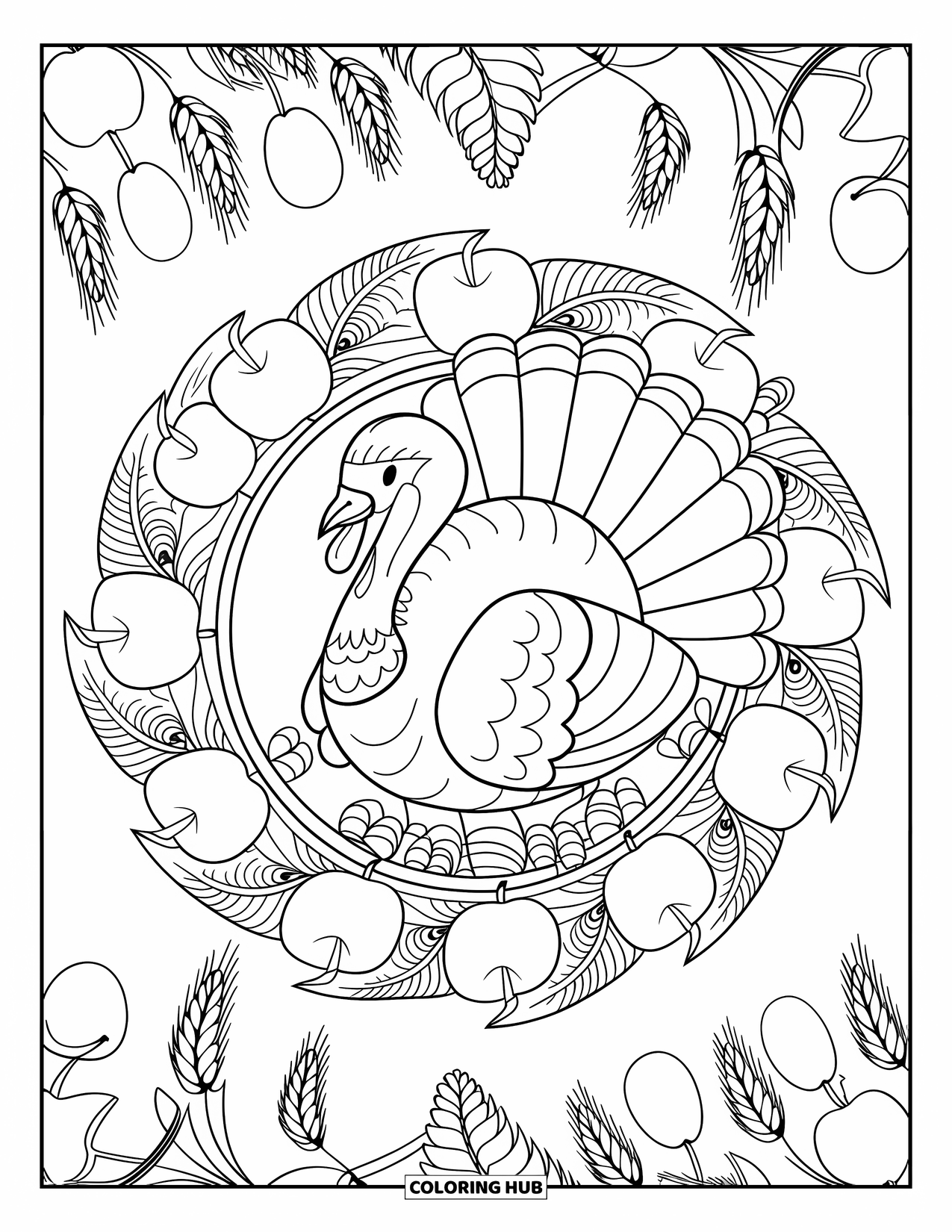 Thanksgiving Turkey Coloring Page for Adults: A feathered mandala surrounds a turkey with apples, wheat, and autumn details