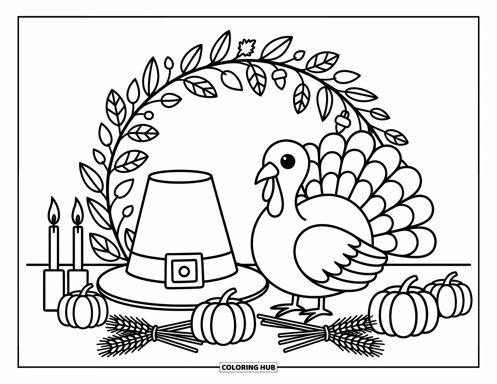 Thanksgiving Turkey Coloring Page for Adults: A festive wreath frames a turkey beside glowing candles, pumpkins, and a pilgrim hat