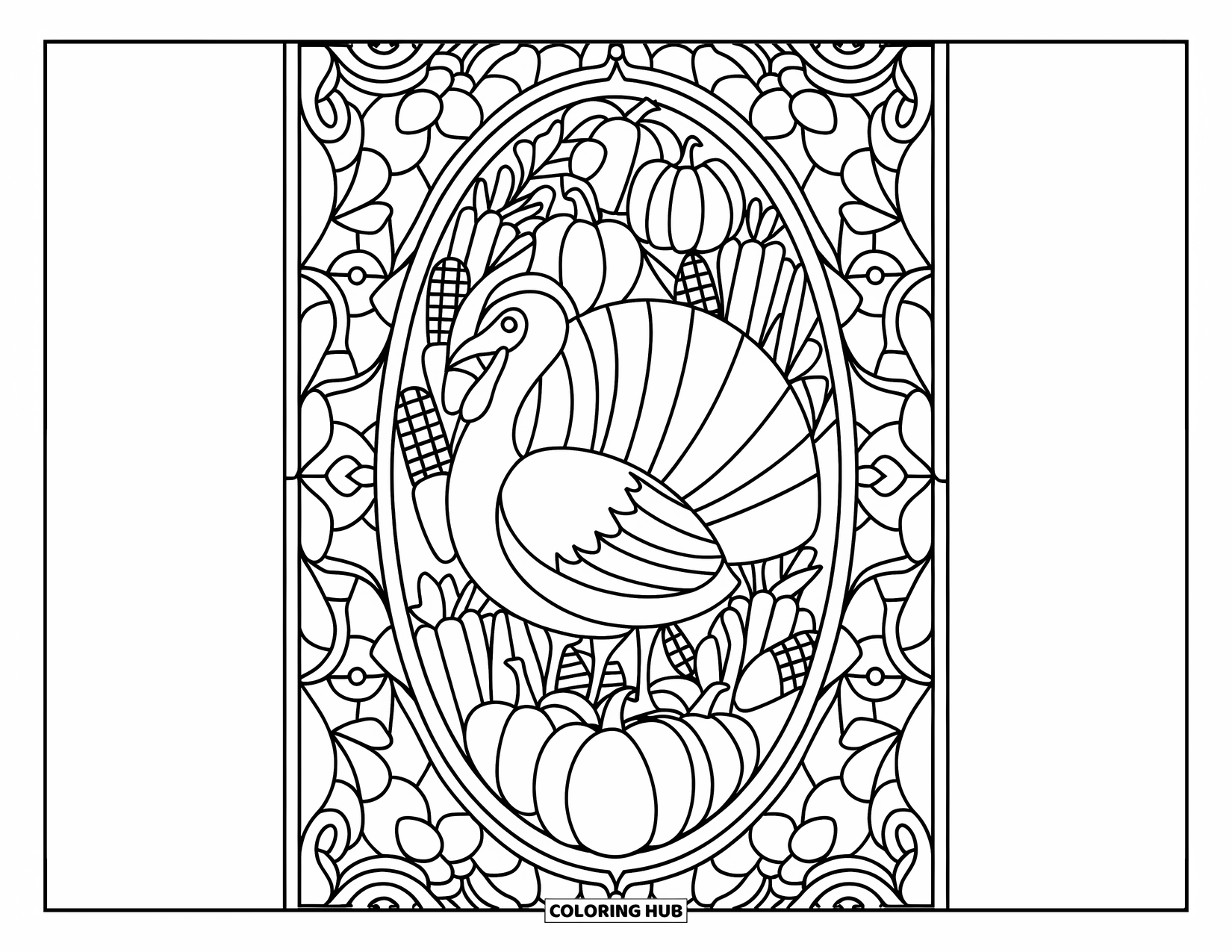 Thanksgiving Turkey Coloring Page for Adults: A harvest scene shows a turkey framed in stained glass with pumpkins and swirling leaves