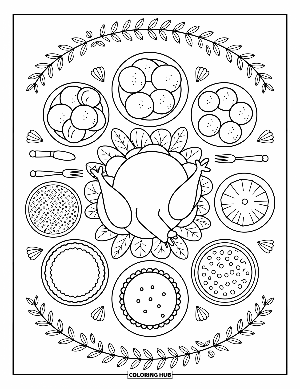 Thanksgiving Turkey Coloring Page for Adults: A joyful turkey is surrounded by mashed potatoes, pie, and leaf garlands from above