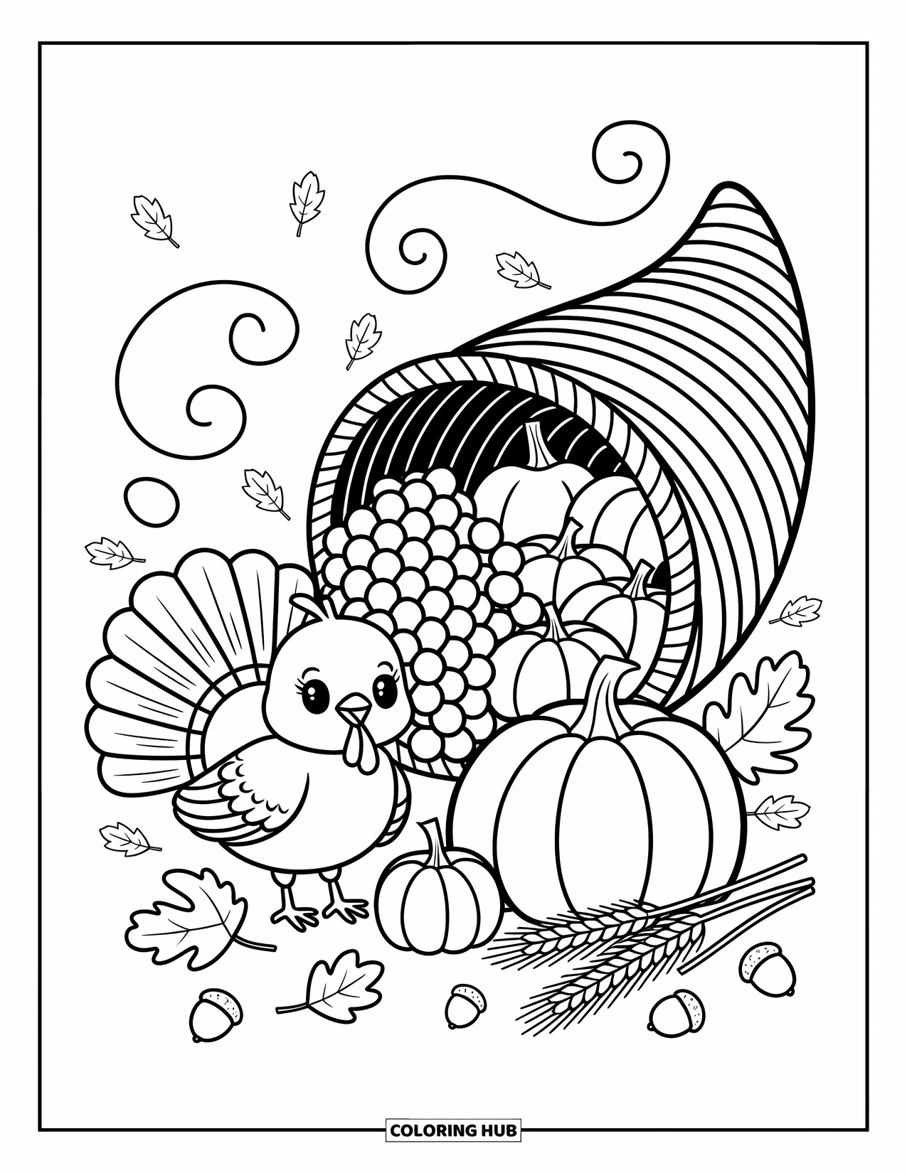 Thanksgiving Turkey Coloring Page for Adults: A joyful turkey stands beside a harvest horn filled with apples, wheat, and pumpkins