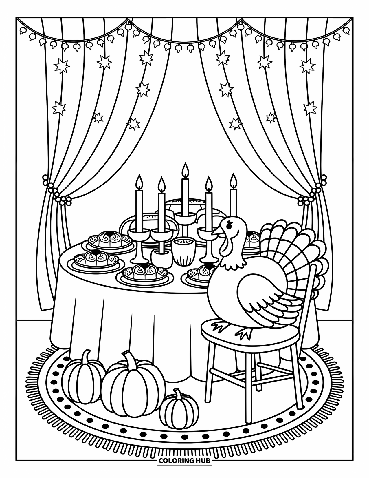 Thanksgiving Turkey Coloring Page for Adults: A little turkey sits at a festive table covered in food and surrounded by fall decor