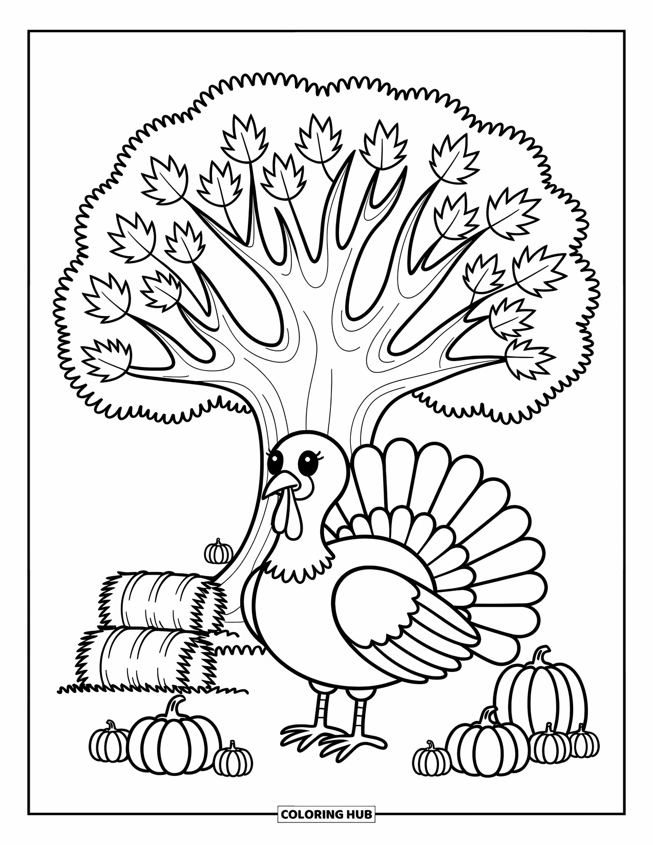 Thanksgiving Turkey Coloring Page for Adults: A proud turkey under a tree is framed by falling leaves, haystacks, and mini gourds