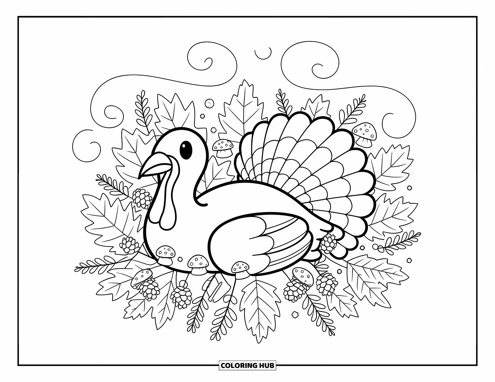 Thanksgiving Turkey Coloring Page for Adults: A relaxed turkey snuggles in a bed of fall leaves, mushrooms, and pinecones