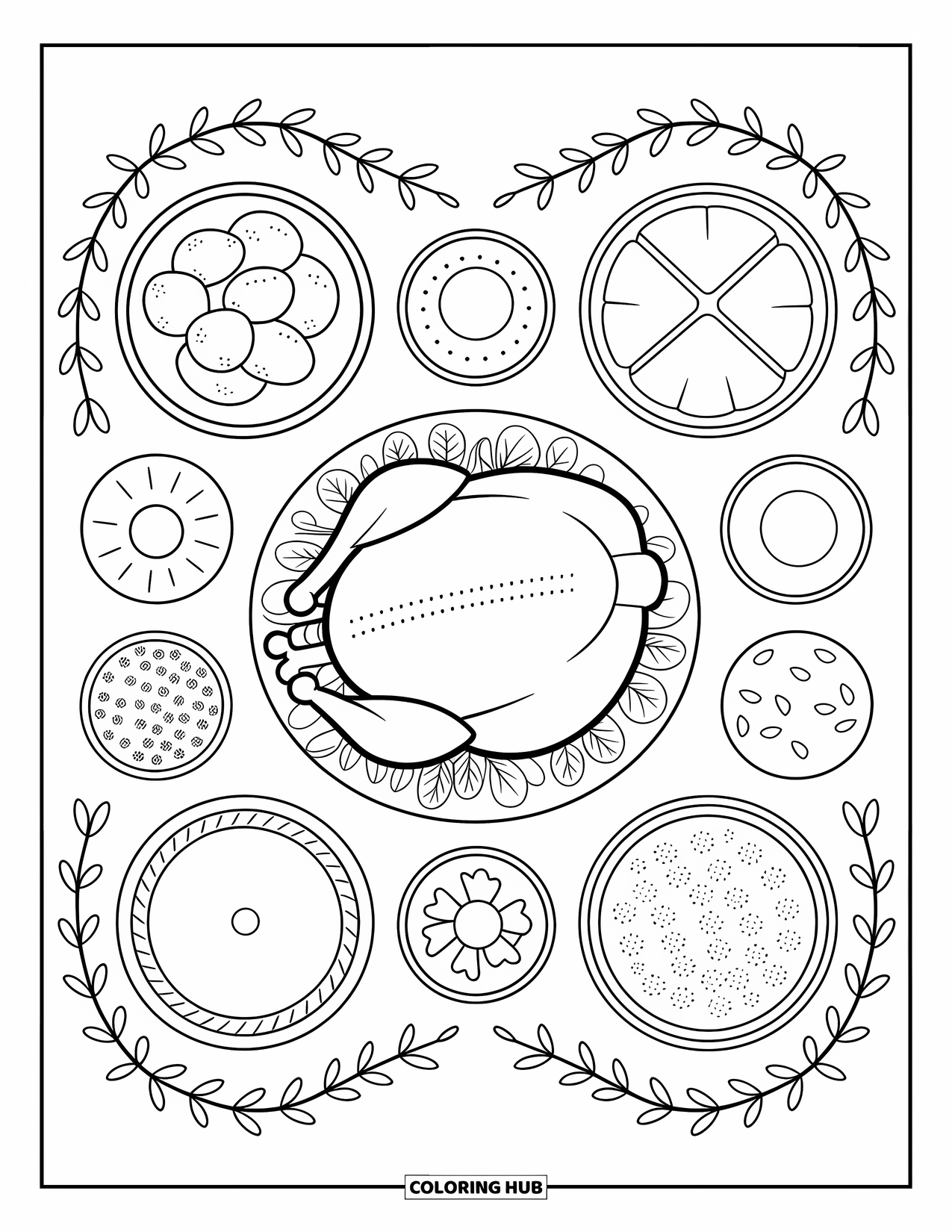 Thanksgiving Turkey Coloring Page for Adults: A roasted turkey sits at the center of a cozy picnic spread with fall dishes