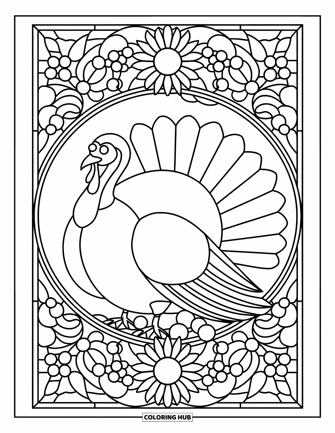 Thanksgiving Turkey Coloring Page for Adults: A stained glass pattern of sunflowers and cranberries surrounds a proud Thanksgiving turkey