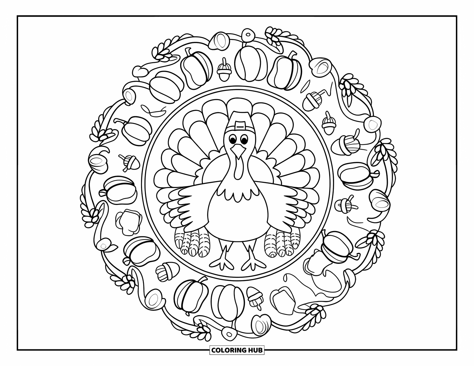 Thanksgiving Turkey Coloring Page for Adults: A Thanksgiving turkey is framed by curling vines, squash, and acorns in a mandala