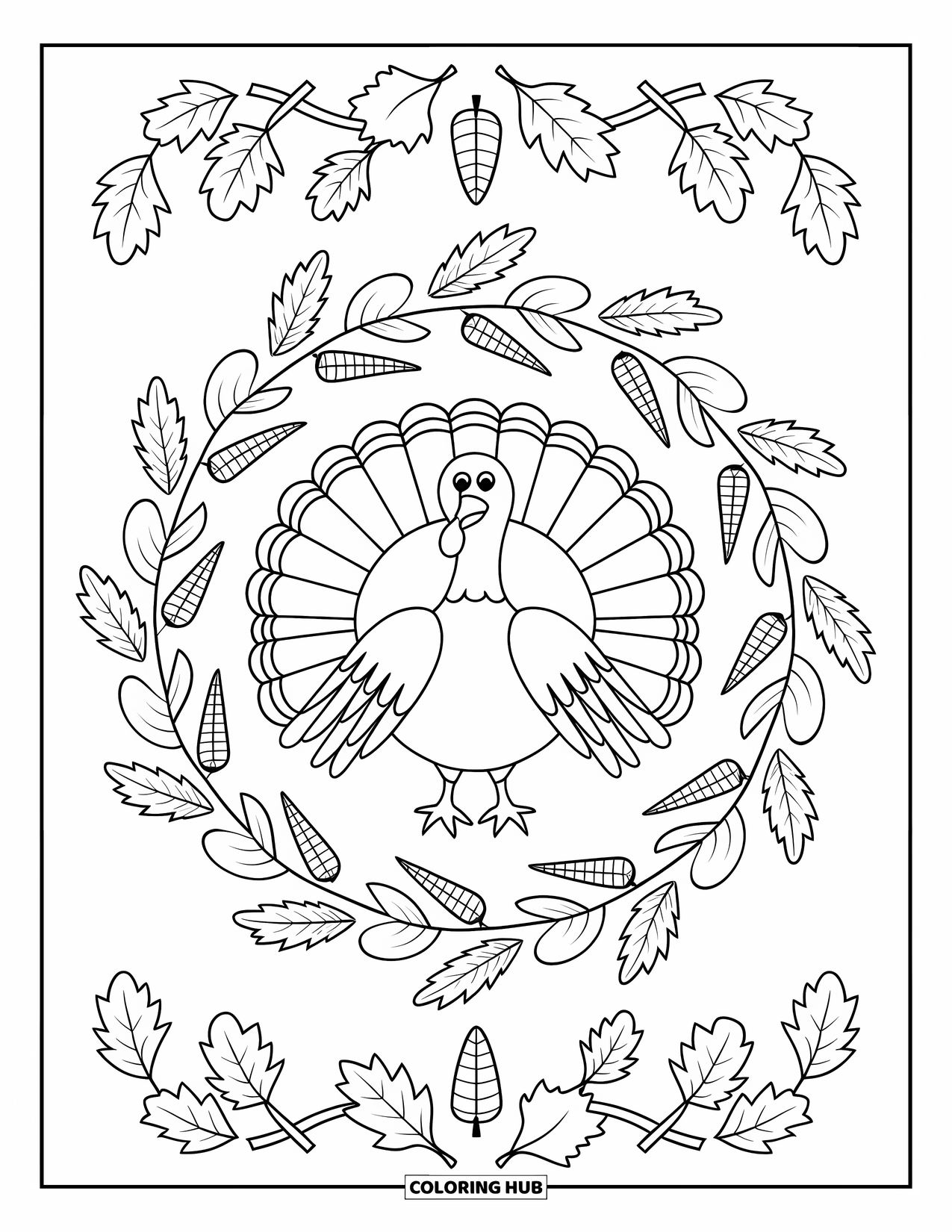 Thanksgiving Turkey Coloring Page for Adults: A Thanksgiving turkey is nestled in a floral ring of corn husks, vines, and oak leaves