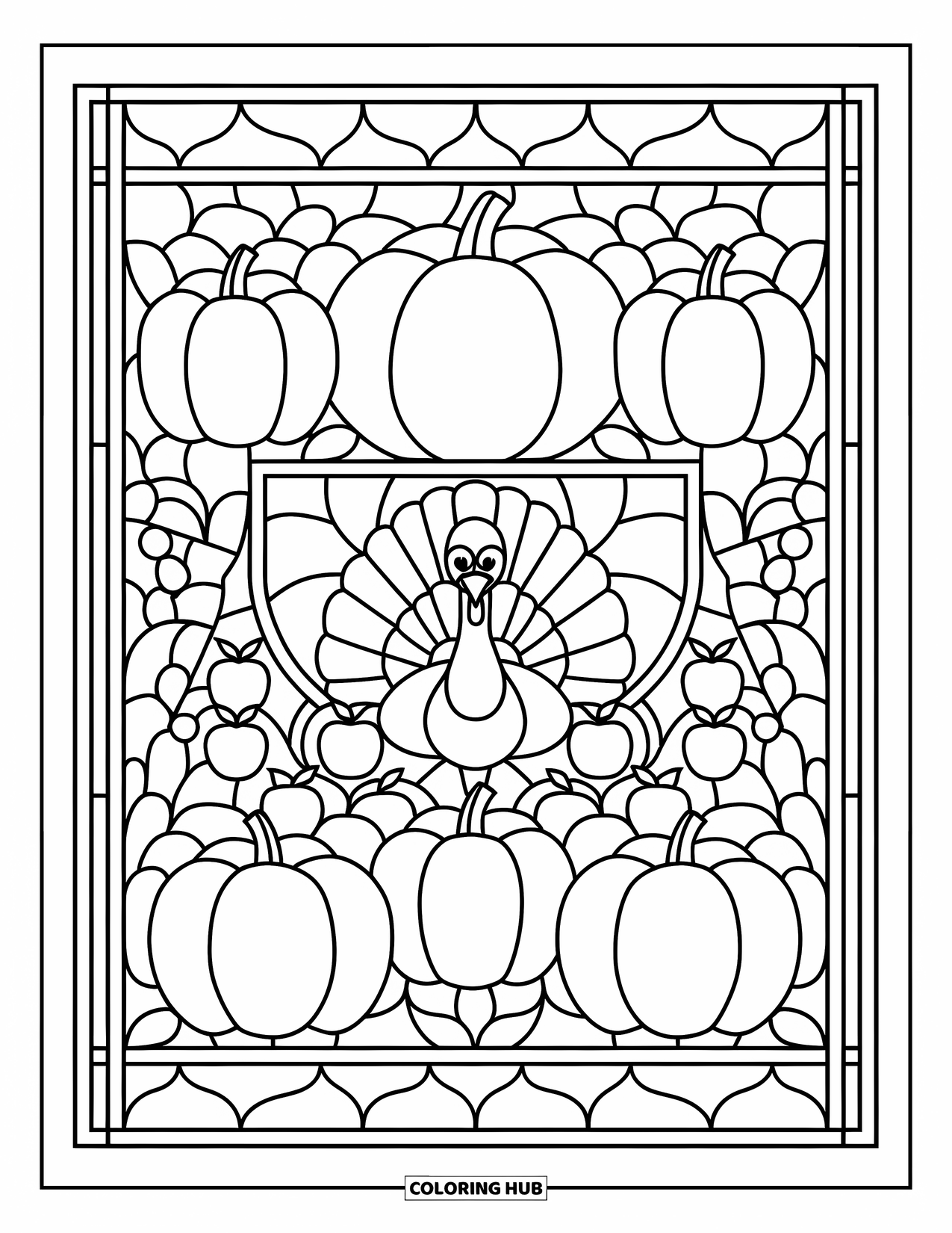 Thanksgiving Turkey Coloring Page for Adults: A Thanksgiving turkey rests inside a stained glass border of apples and pumpkins