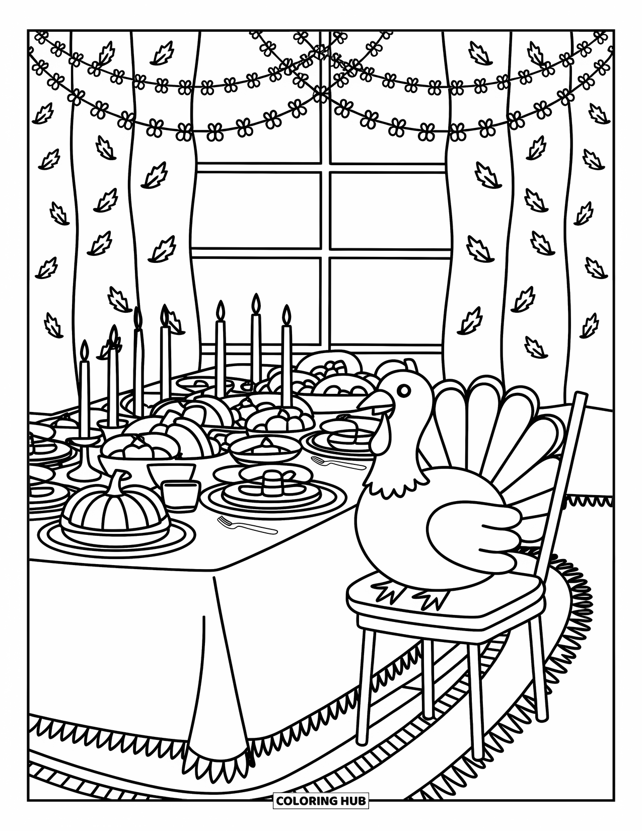 Thanksgiving Turkey Coloring Page for Adults: A tiny turkey sits at a candlelit table filled with Thanksgiving food and fall garlands