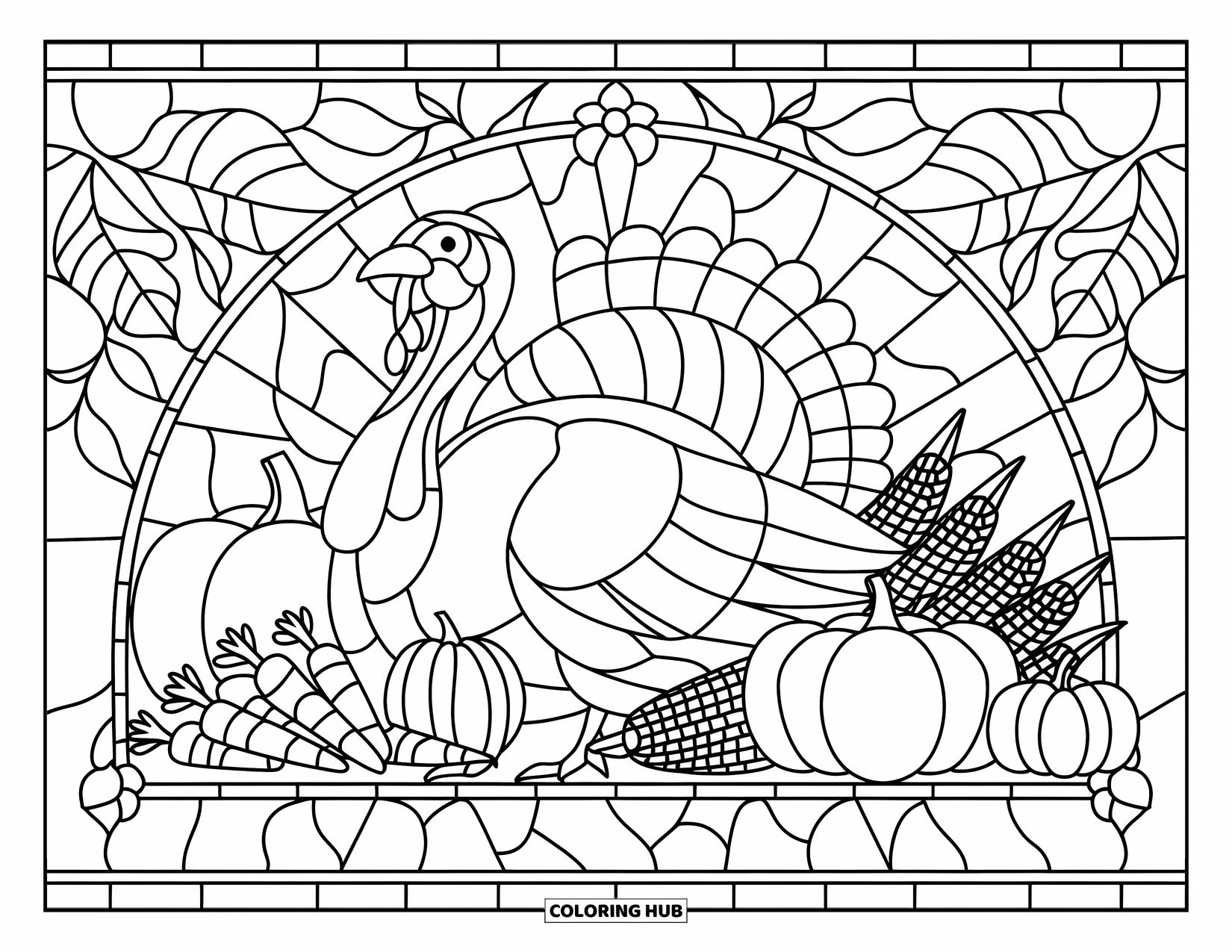 Thanksgiving Turkey Coloring Page for Adults: A turkey and autumn harvest sit in a stained glass oval with swirling leaves and vines