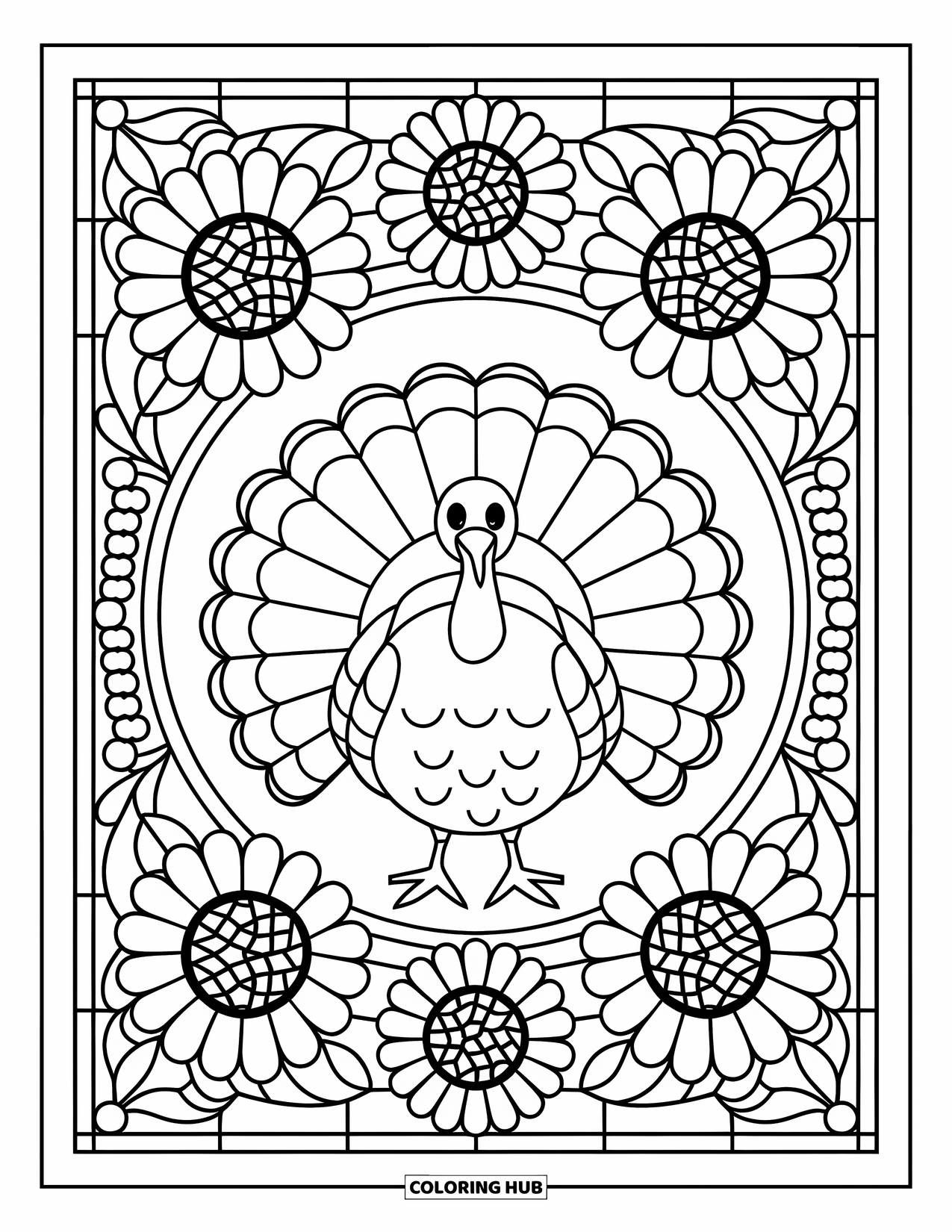 Thanksgiving Turkey Coloring Page for Adults: A turkey is framed by a sunflower and cranberry stained glass window in fall colors