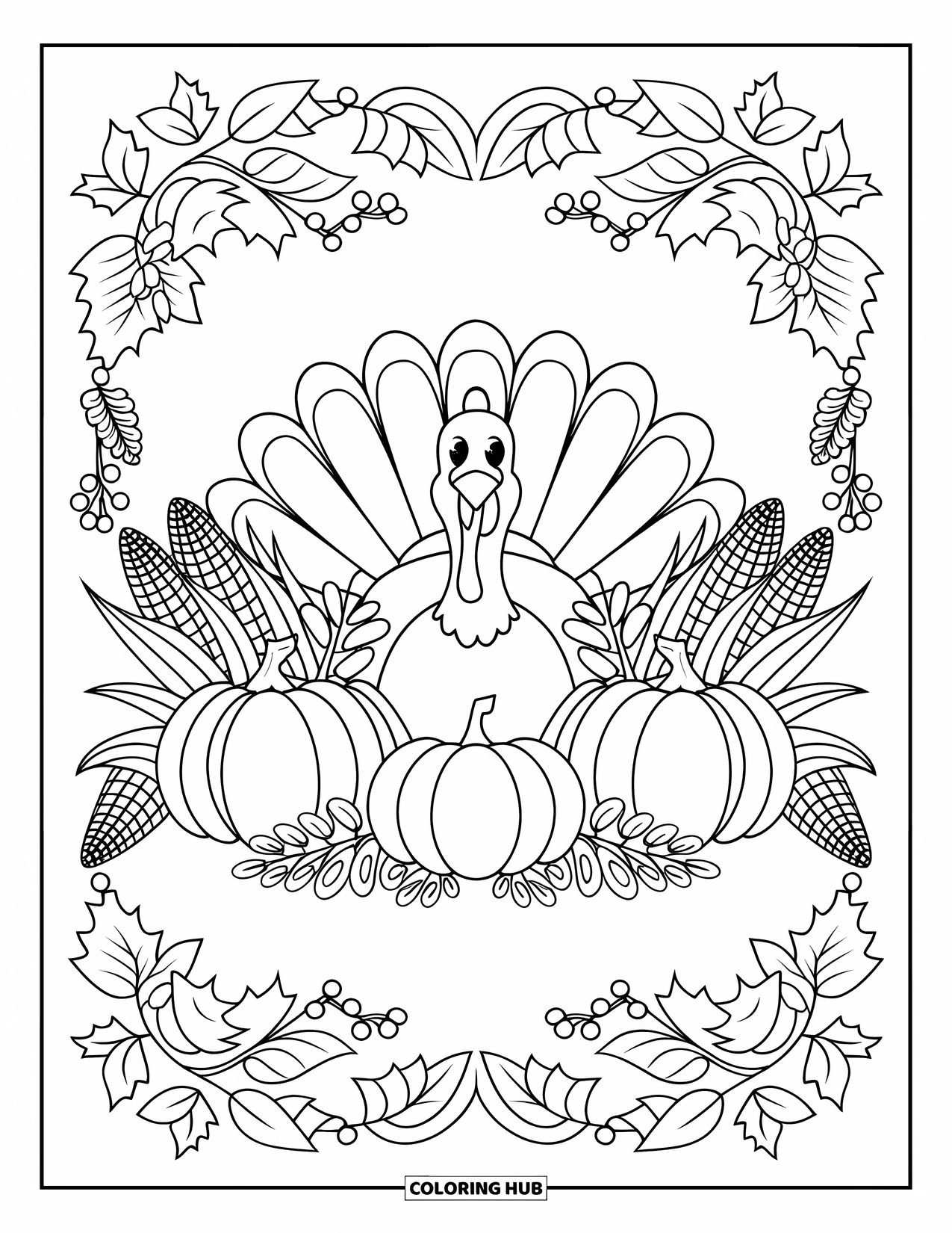 Thanksgiving Turkey Coloring Page for Adults: A turkey is surrounded by pumpkins, corn, and leaves in a beautiful autumn pattern