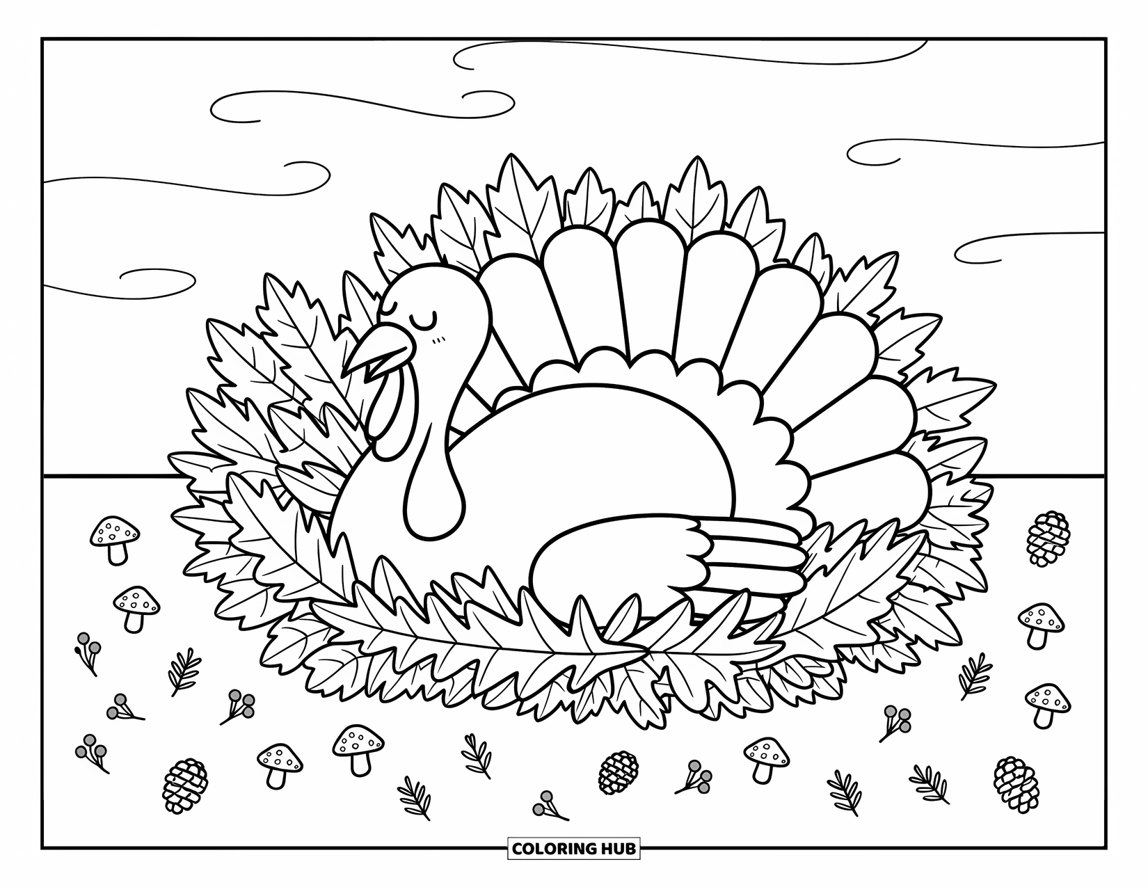Thanksgiving Turkey Coloring Page for Adults: A turkey lounges in colorful leaves with mushrooms, pinecones, and swirling autumn wind