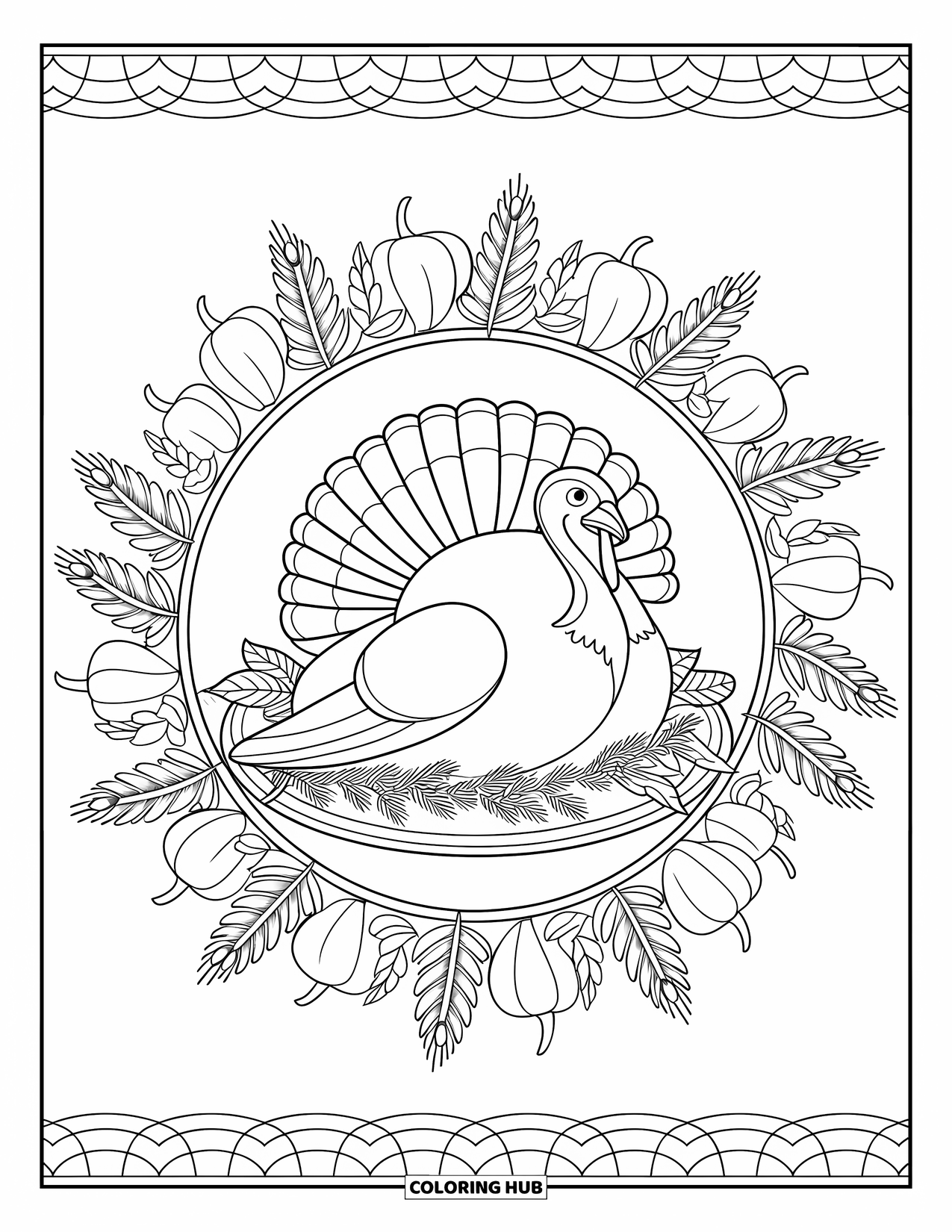 Thanksgiving Turkey Coloring Page for Adults: A turkey on a platter sits in a mandala of squash, wheat, and fall leaves