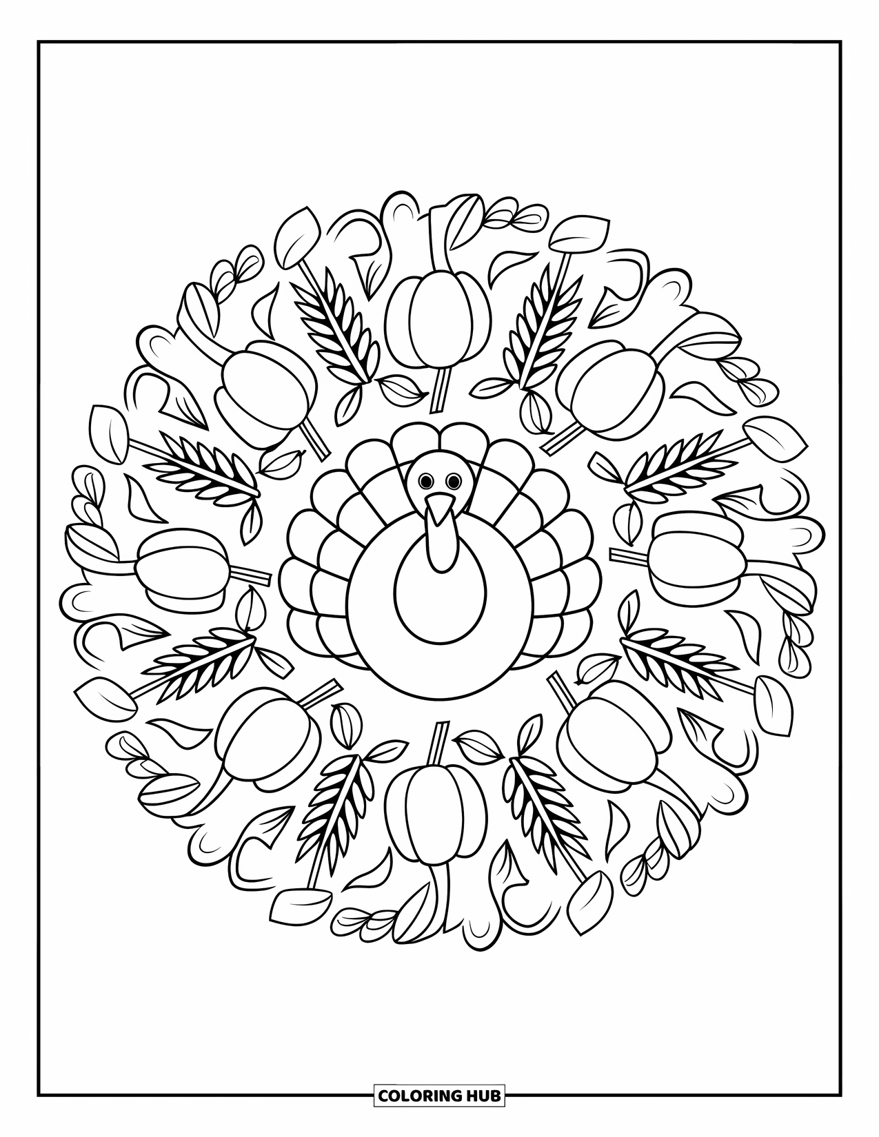 Thanksgiving Turkey Coloring Page for Adults: A turkey rests at the center of a botanical mandala of wheat, squash, and autumn leaves
