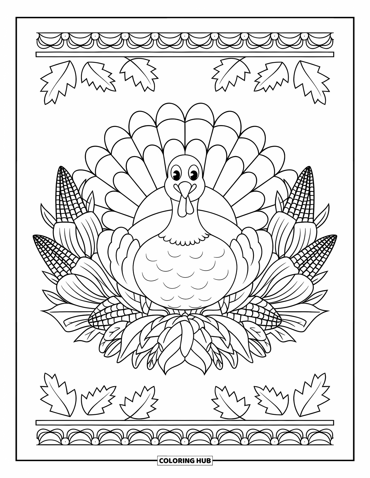 Thanksgiving Turkey Coloring Page for Adults: A turkey rests in a mandala of corn husks, vines, and oak leaves