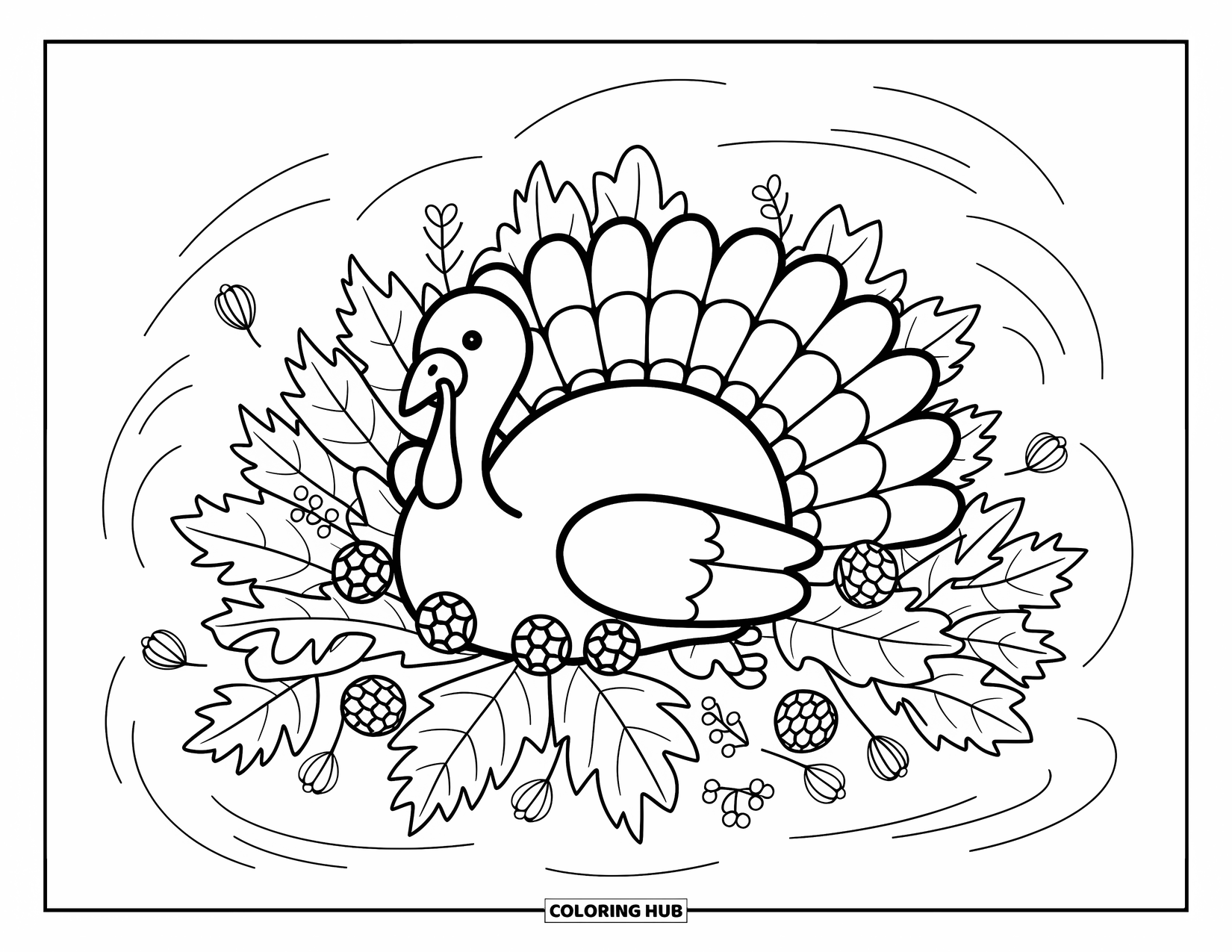 Thanksgiving Turkey Coloring Page for Adults: A turkey rests in soft autumn leaves with mushrooms, berries, and a playful breeze