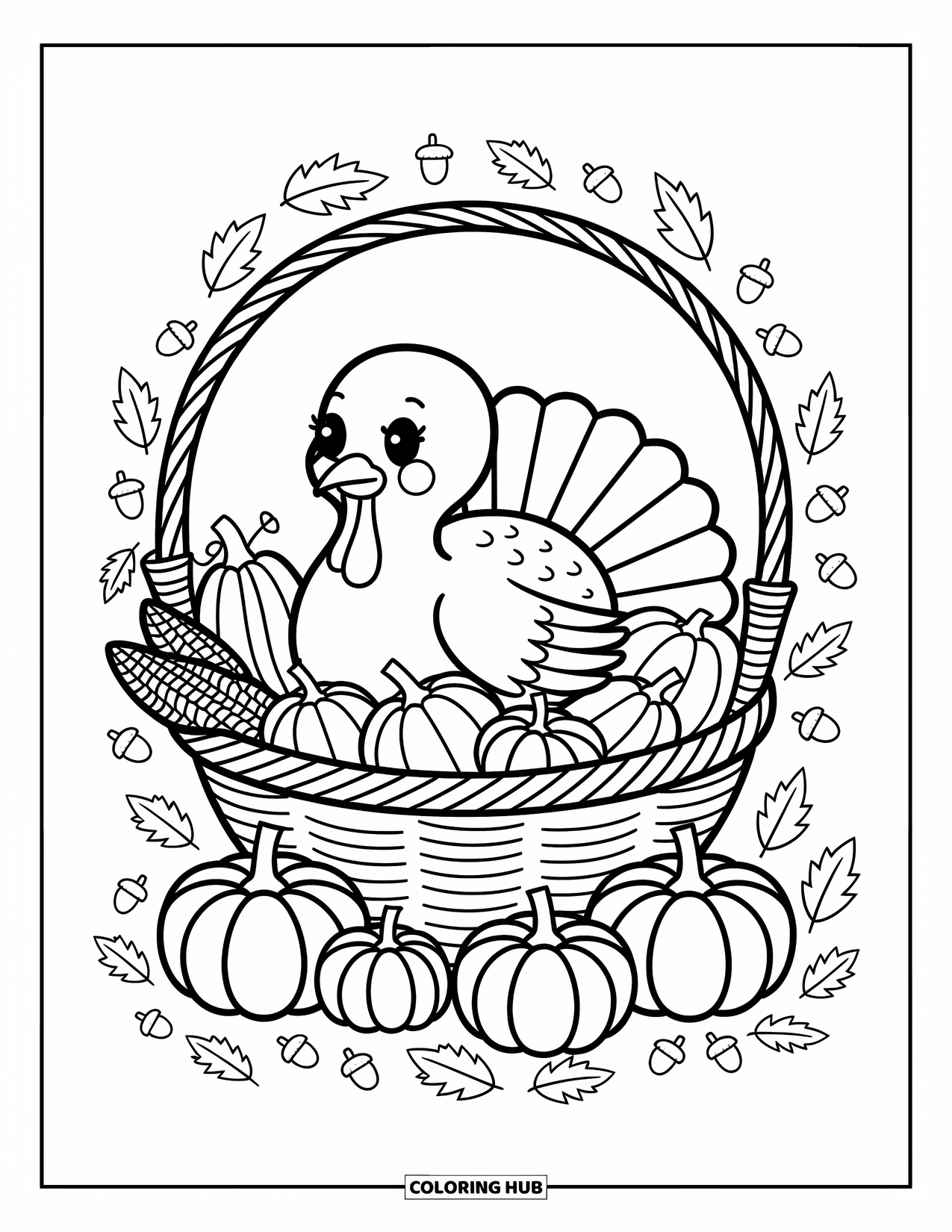 Thanksgiving Turkey Coloring Page for Adults: A turkey rests inside a big basket filled with pumpkins, corn, apples, and mushrooms