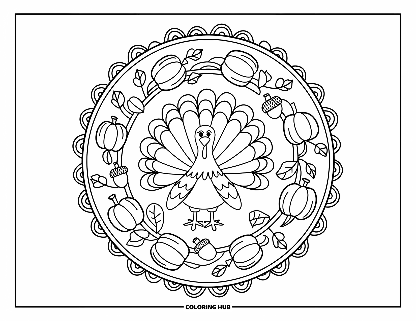 Thanksgiving Turkey Coloring Page for Adults: A turkey sits in a leafy mandala filled with squash, vines, and tiny acorns