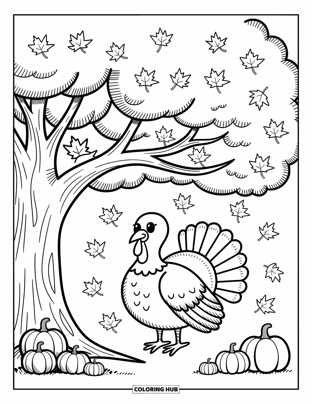 Thanksgiving Turkey Coloring Page for Adults: A turkey stands beneath a giant tree surrounded by haystacks, pumpkins, and swirling leaves