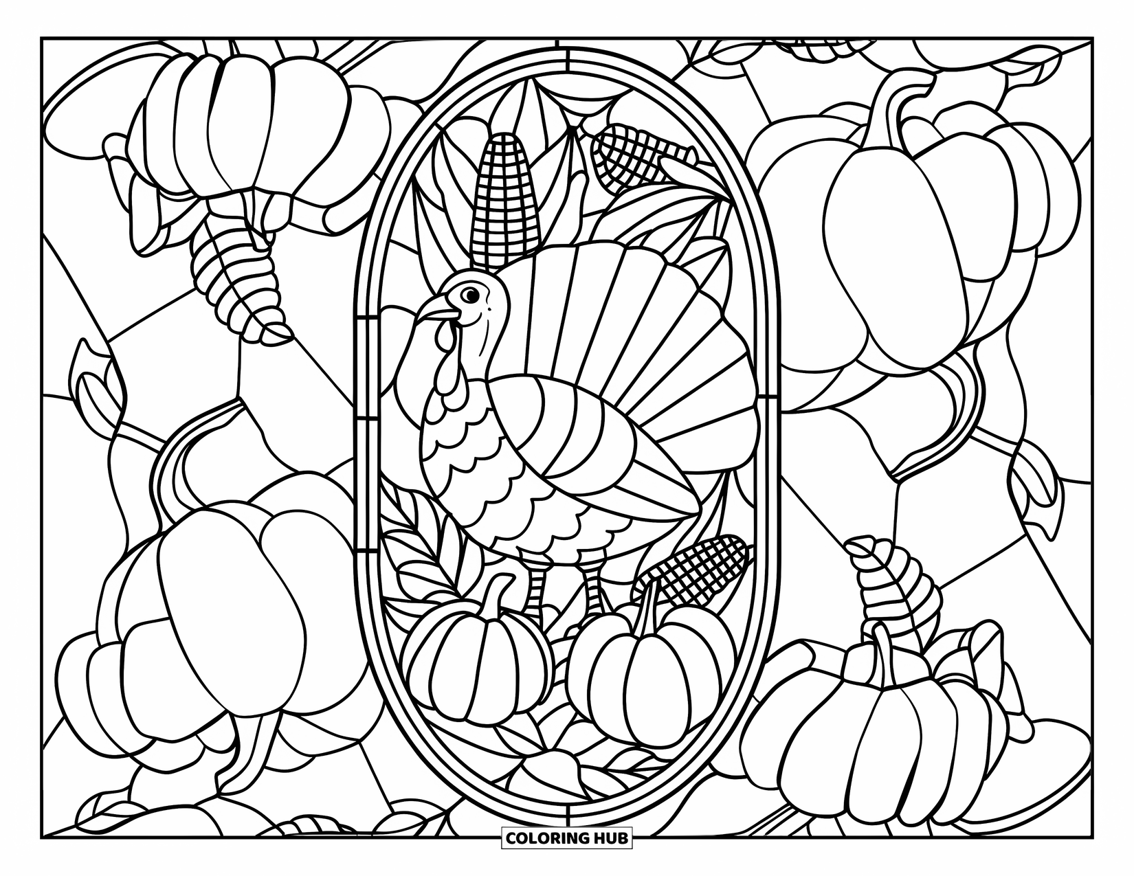 Thanksgiving Turkey Coloring Page for Adults: A turkey stands in a stained glass frame filled with pumpkins, corn, and leafy patterns