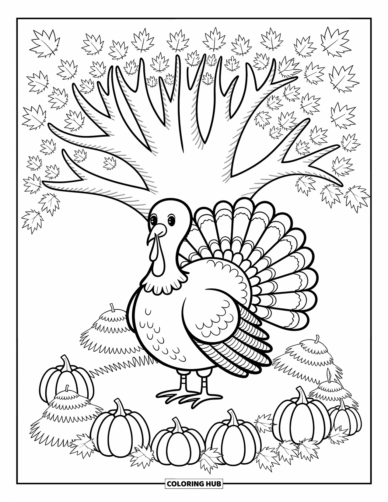 Thanksgiving Turkey Coloring Page for Adults: A turkey stands under a swirling canopy of fall leaves and scattered mini pumpkins