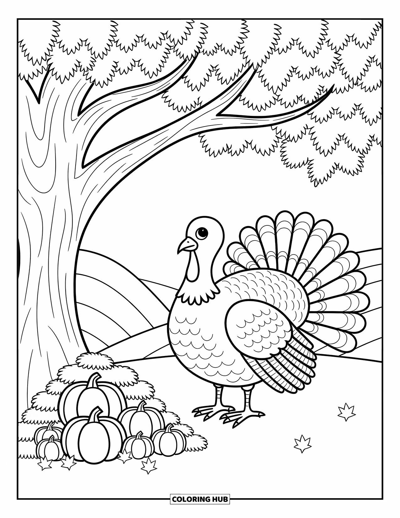 Thanksgiving Turkey Coloring Page for Adults: A turkey with blooming feathers stands under a fall tree with haystacks and gourds
