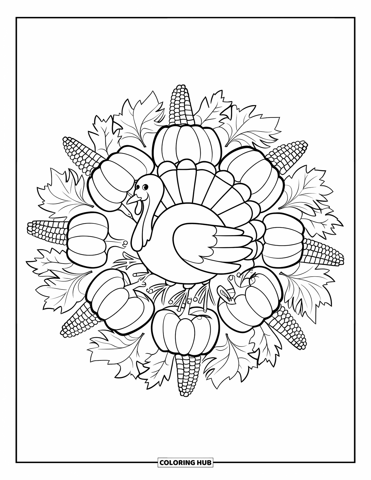 Thanksgiving Turkey Coloring Page for Adults: An autumn circle of pumpkins, corn, and leaves frames a happy Thanksgiving turkey