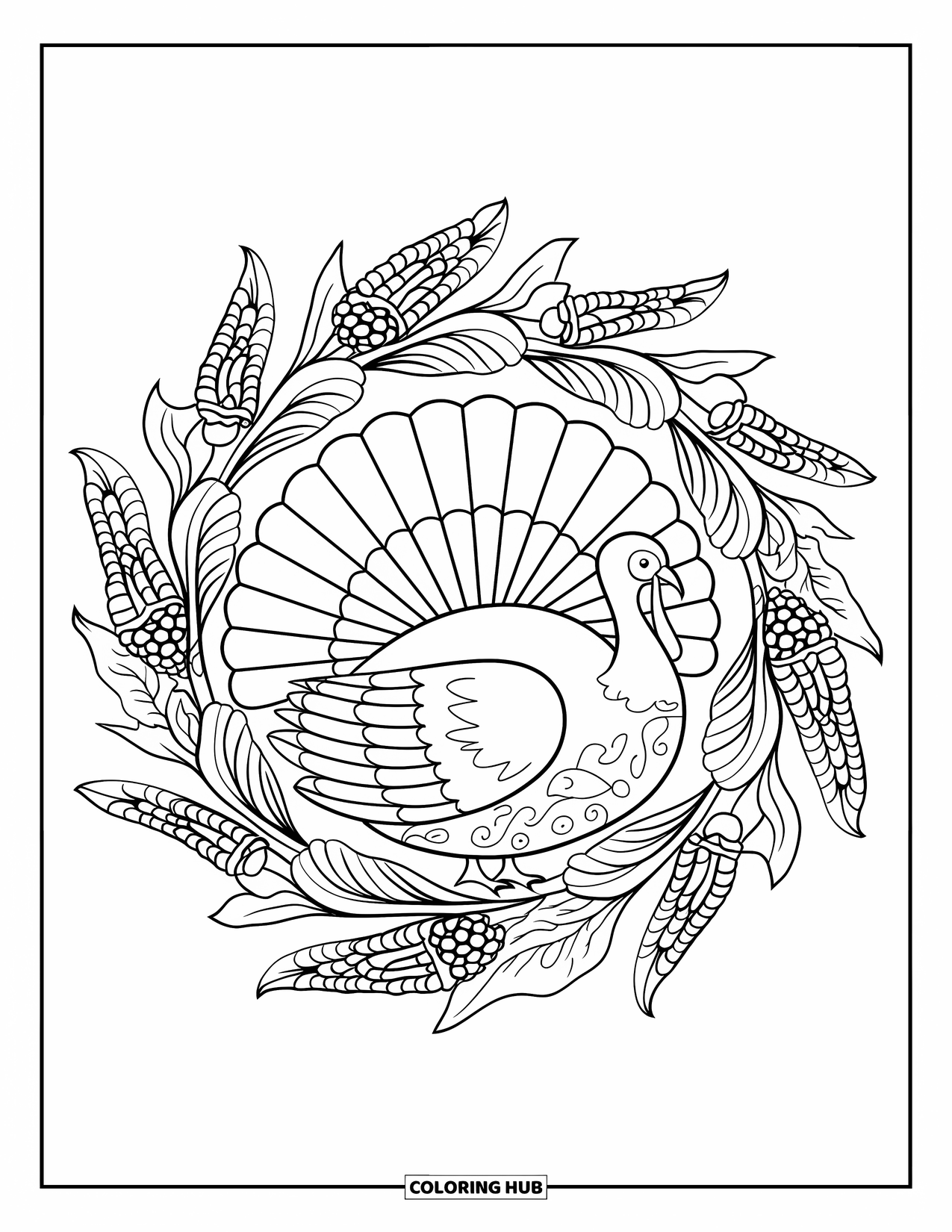 Thanksgiving Turkey Coloring Page for Adults: Corn husks, vines, and oak leaves circle a Thanksgiving turkey in a floral mandala