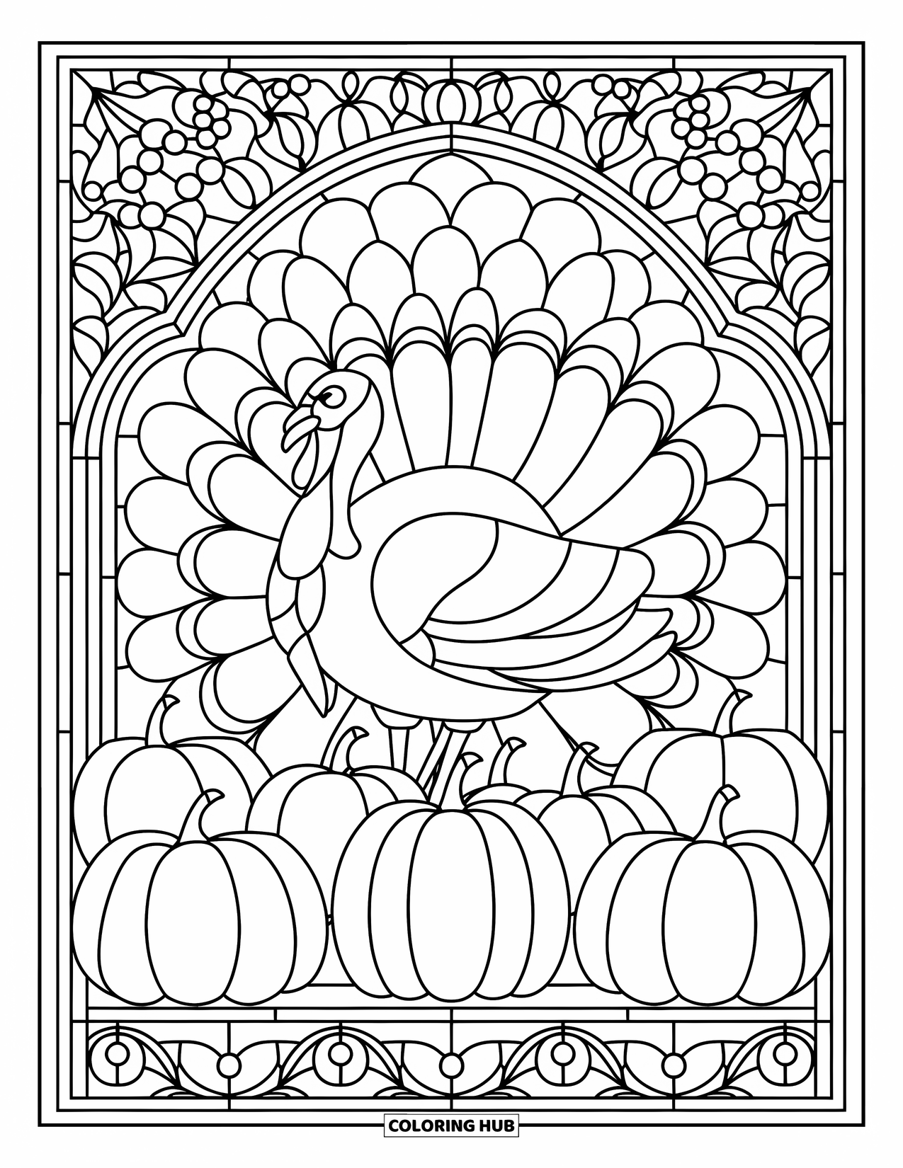 Thanksgiving Turkey Coloring Page for Adults: Pumpkins, apples, and vines create a stained glass frame around a cheerful turkey