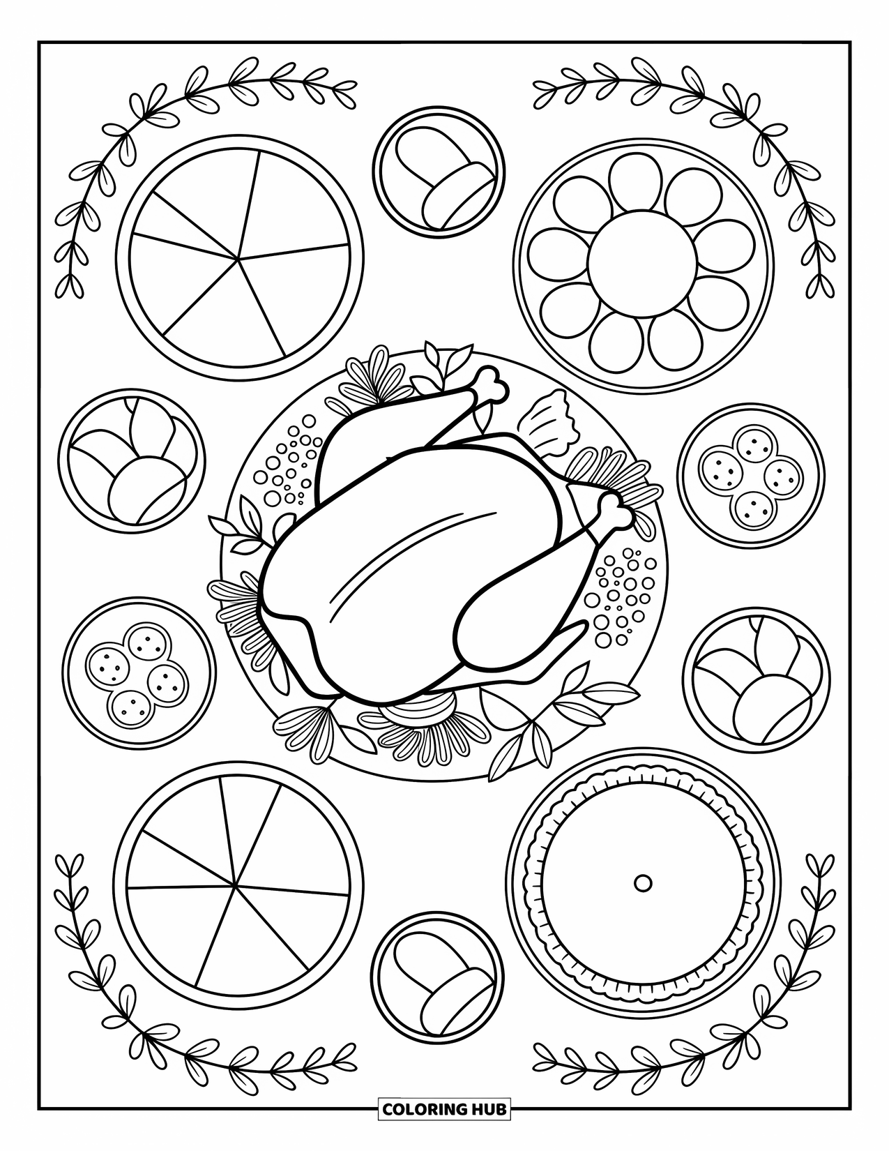 Thanksgiving Turkey Coloring Page for Adults: Roast turkey sits among side dishes and pies with leaves framing the cozy picnic view