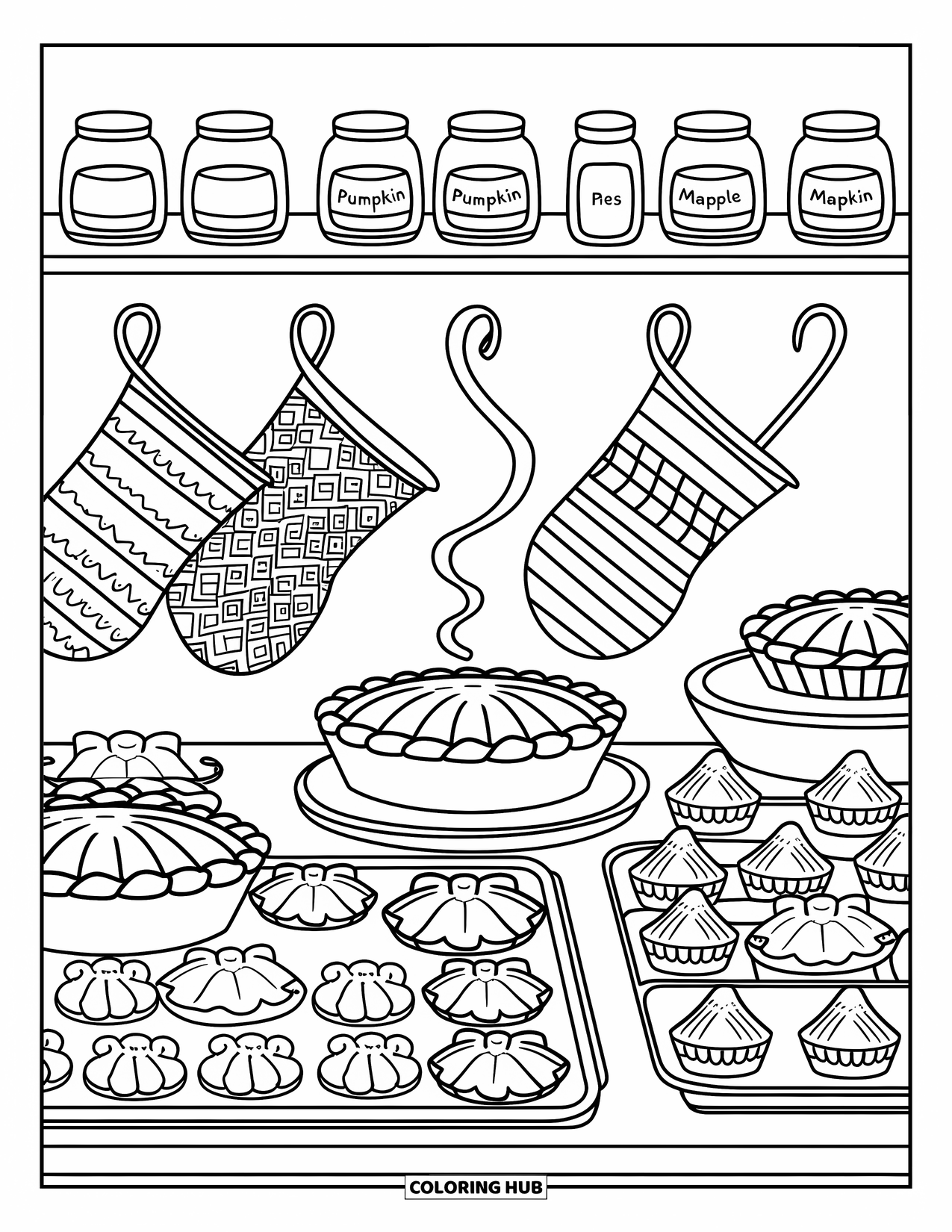 Thanksgiving Turkey Coloring Page for Adults: Turkey cookies and mini pies rest near steaming pie and jars of fall spices