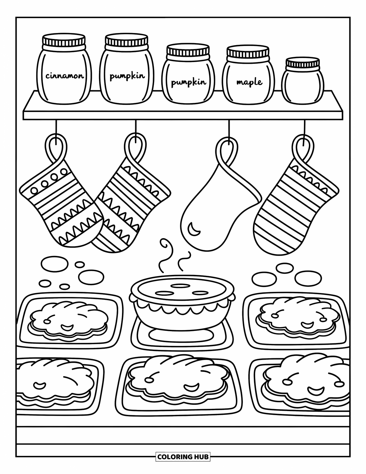 Thanksgiving Turkey Coloring Page for Adults: Turkey cookies and pies sit on a shelf lined with cozy jars and oven mitts