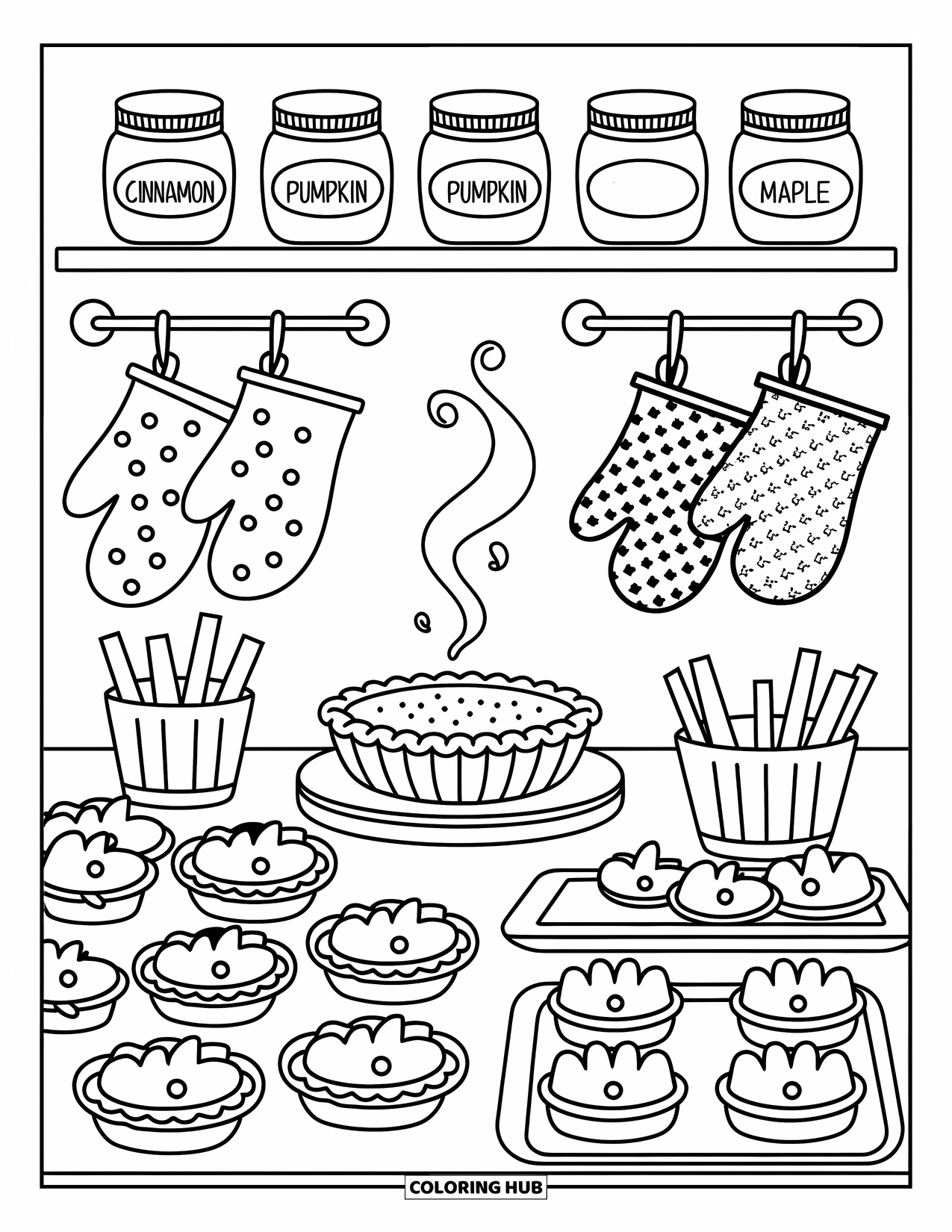 Thanksgiving Turkey Coloring Page for Adults: Turkey-shaped cookies and pies cool beside jars labeled cinnamon, pumpkin, and maple