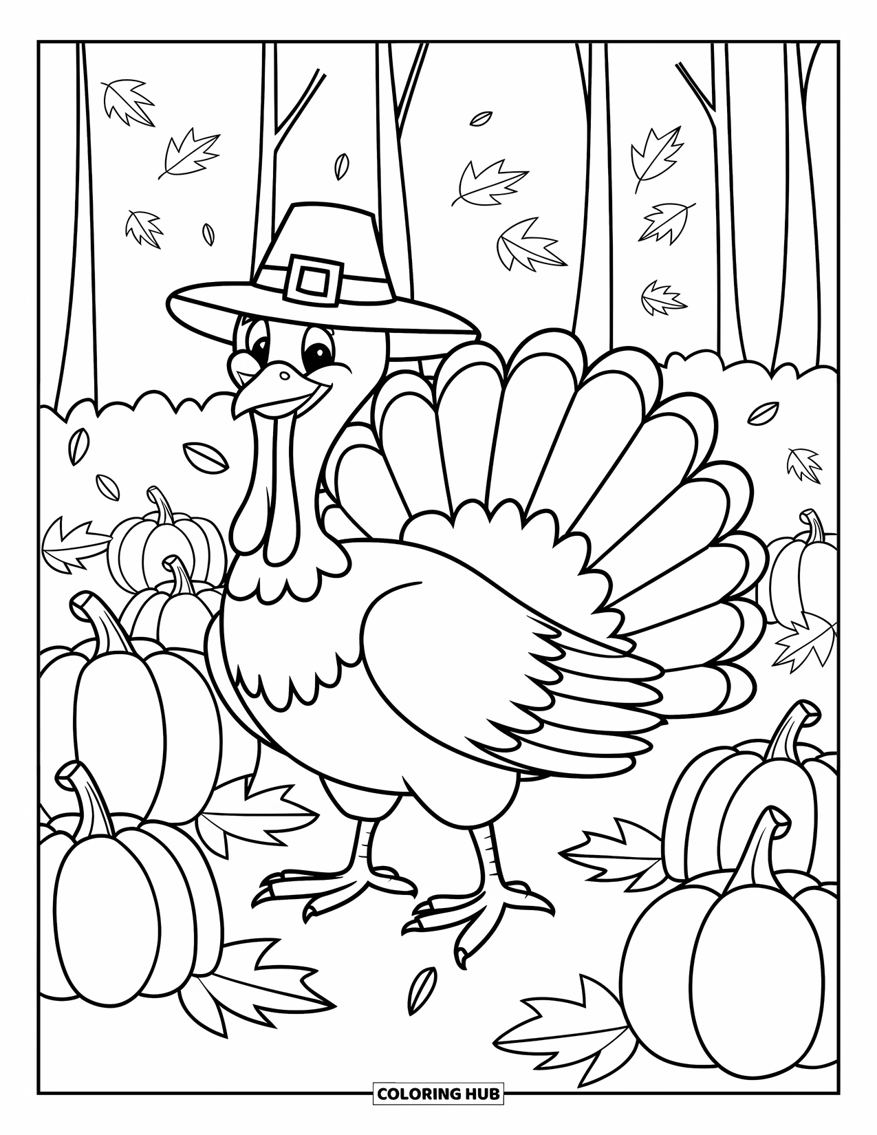 Thanksgiving Turkey Coloring Page for Kids: A cheerful turkey in a pilgrim hat poses in a pumpkin patch